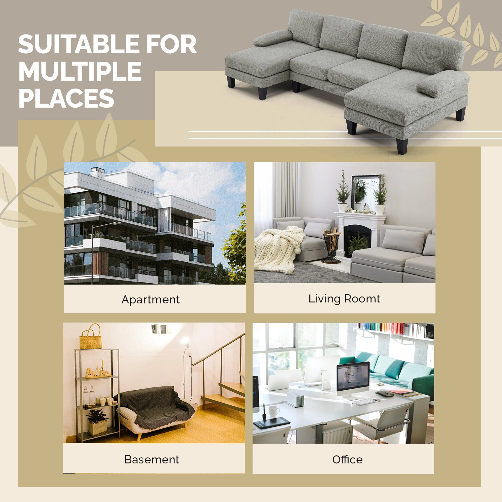 U-Shaped Convertible Sectional Sofa with 2 Short Chaise Lounges, 4-Seater Modular Chenille Fabric Couch with Plastic Legs, 111.4" L x 48.4" D x 33.1" H Indoor Living Room Combination Sofa, Grey Blue view 6