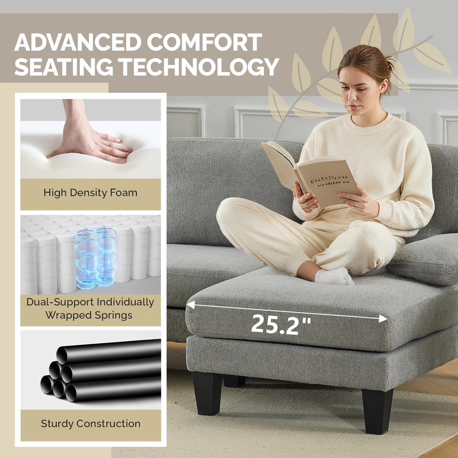 U-Shaped Convertible Sectional Sofa with 2 Short Chaise Lounges, 4-Seater Modular Chenille Fabric Couch with Plastic Legs, 111.4" L x 48.4" D x 33.1" H Indoor Living Room Combination Sofa, Grey Blue view 8