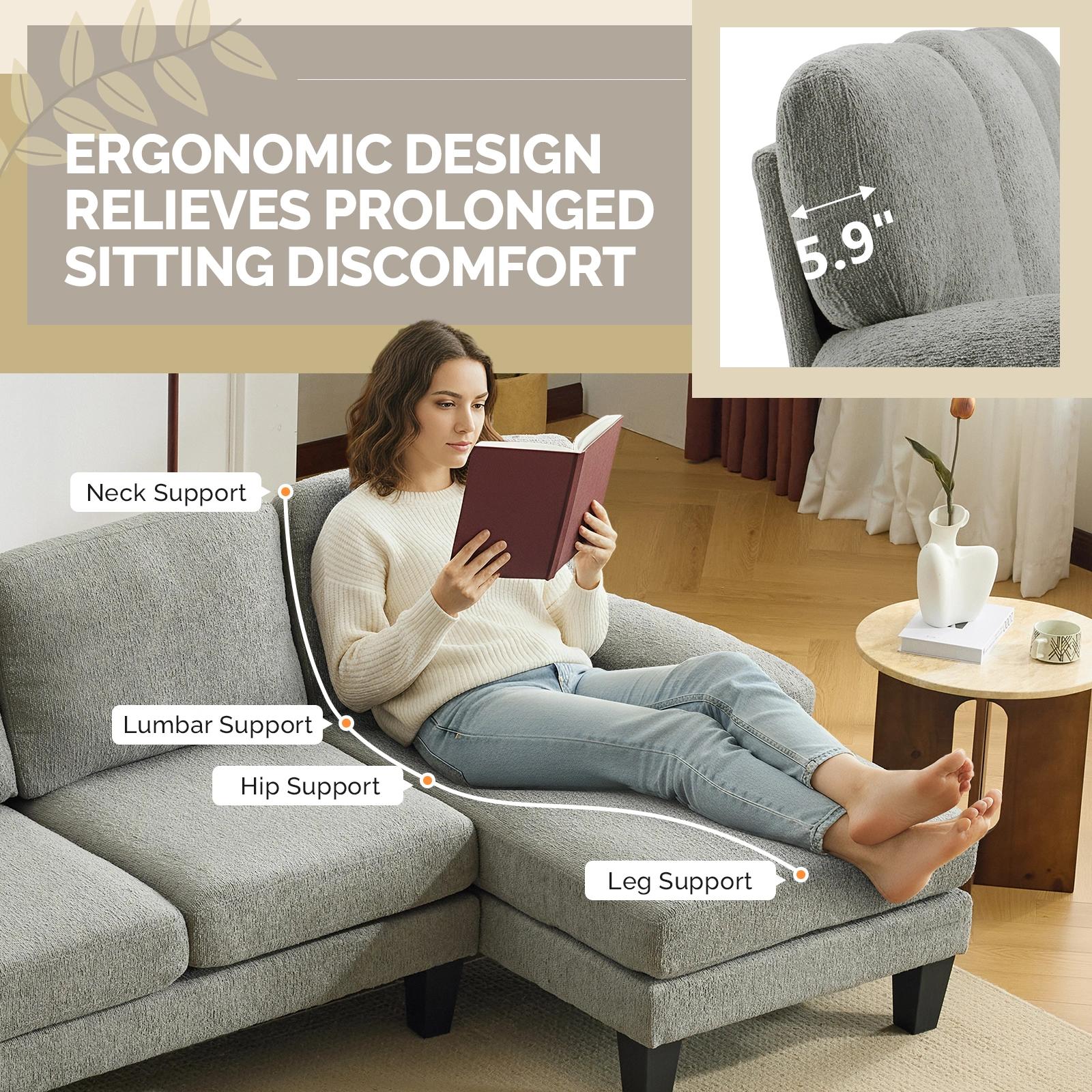 U-Shaped Convertible Sectional Sofa with 2 Short Chaise Lounges, 4-Seater Modular Chenille Fabric Couch with Plastic Legs, 111.4" L x 48.4" D x 33.1" H Indoor Living Room Combination Sofa, Grey Blue view 9