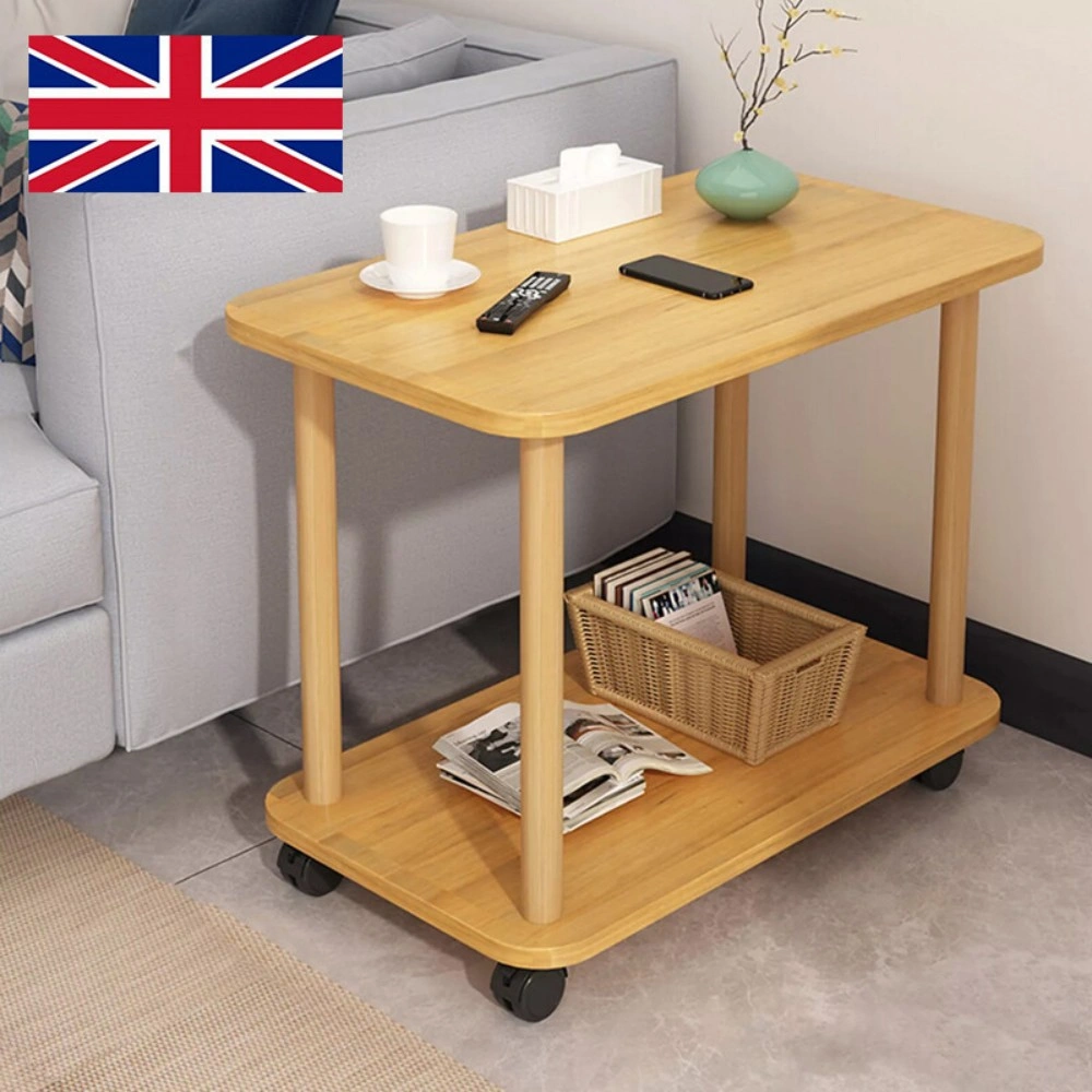 2-Tier Small Sofa Side Table with Wheels, Couch End Table for Coffee Tea Snack Storage view 2
