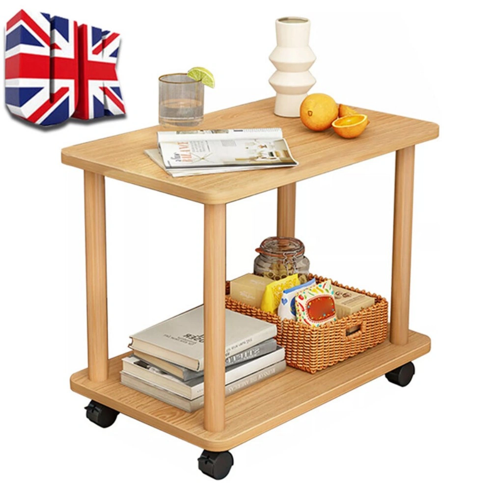 2-Tier Small Sofa Side Table with Wheels, Couch End Table for Coffee Tea Snack Storage view 4