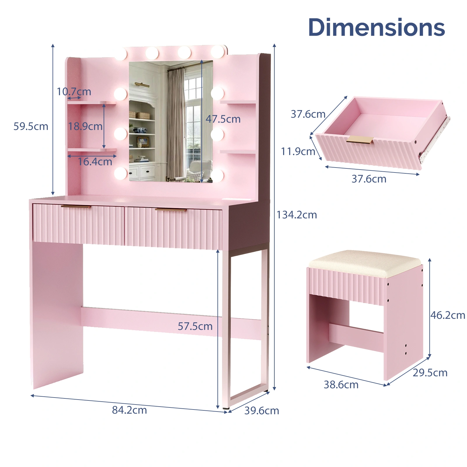 Pink particleboard with a melamine finish, a 2-drawer, 4-shelf dressing table set with 10 three-tone light bulbs, a power strip, and a grille. view 5