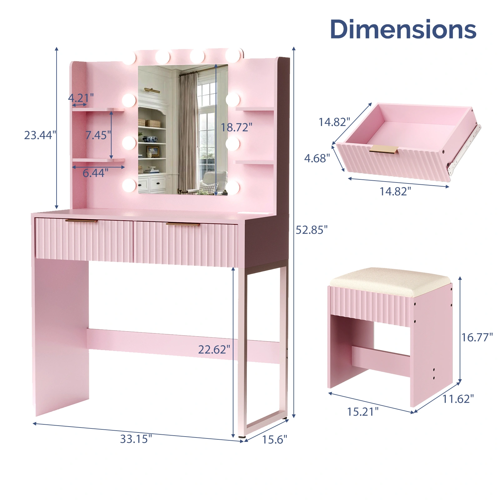 Pink particleboard with a melamine finish, a 2-drawer, 4-shelf dressing table set with 10 three-tone light bulbs, a power strip, and a grille. view 7