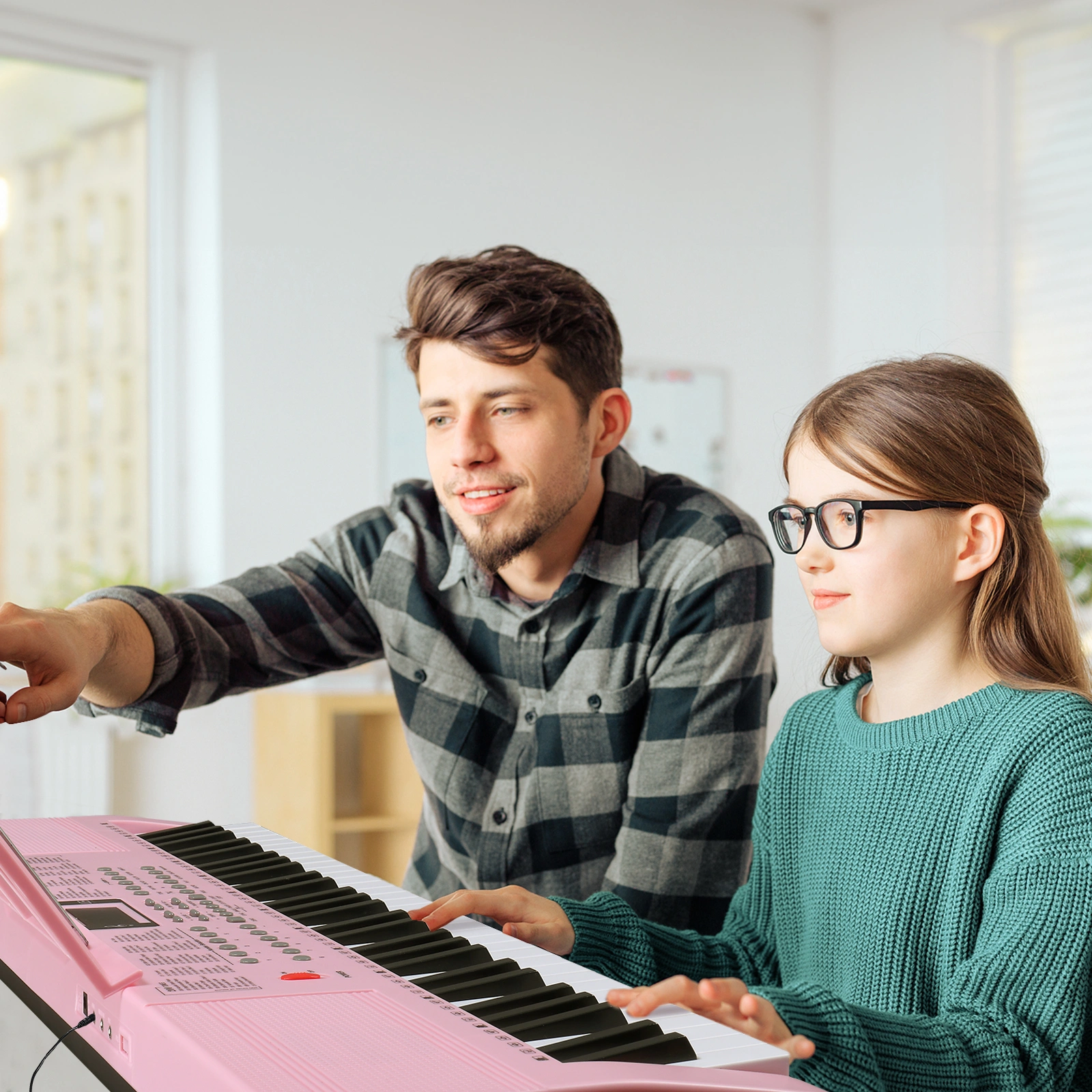 GEP-110 61 Key Lighting Keyboard with Piano Stand, Piano Bench, Built In Speakers, Headphone, Microphone, Music Rest, LED Screen, 3 Teaching Modes for Beginners view 10