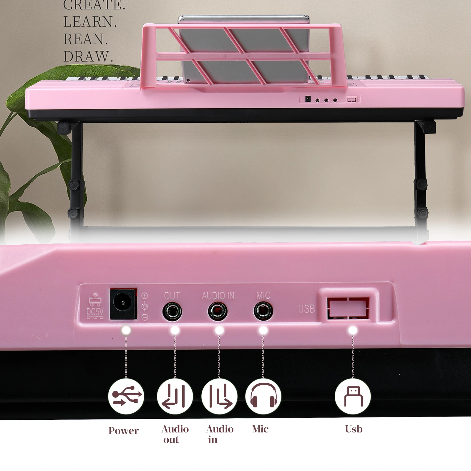 GEP-110 61 Key Lighting Keyboard with Piano Stand, Piano Bench, Built In Speakers, Headphone, Microphone, Music Rest, LED Screen, 3 Teaching Modes for Beginners view 3