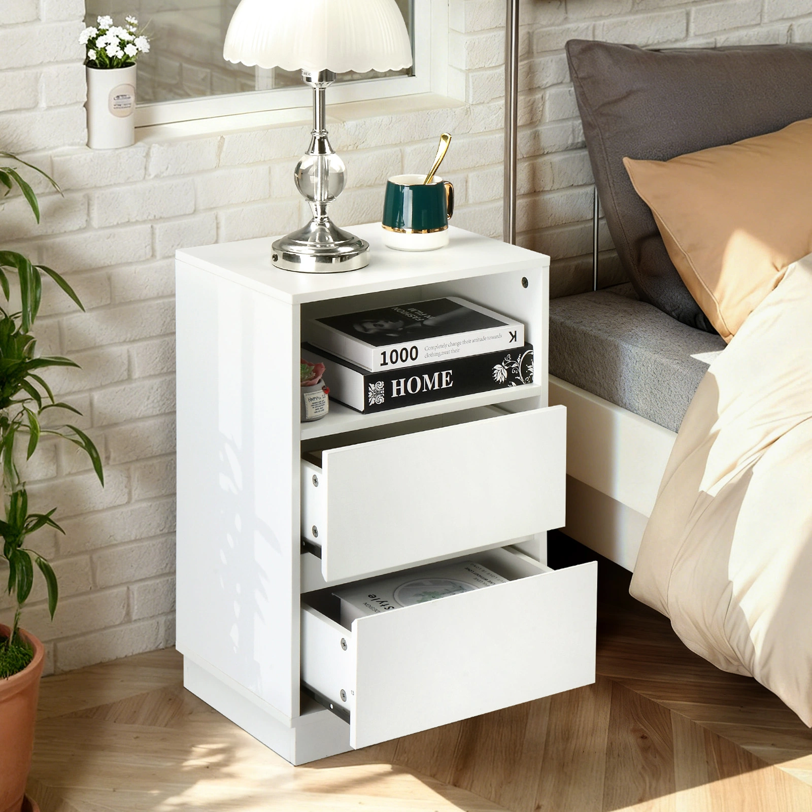 White P2 particleboard with melamine finish, drawer beveled edges, 40*30*60cm, two drawers with top shelf, 1 bedside table