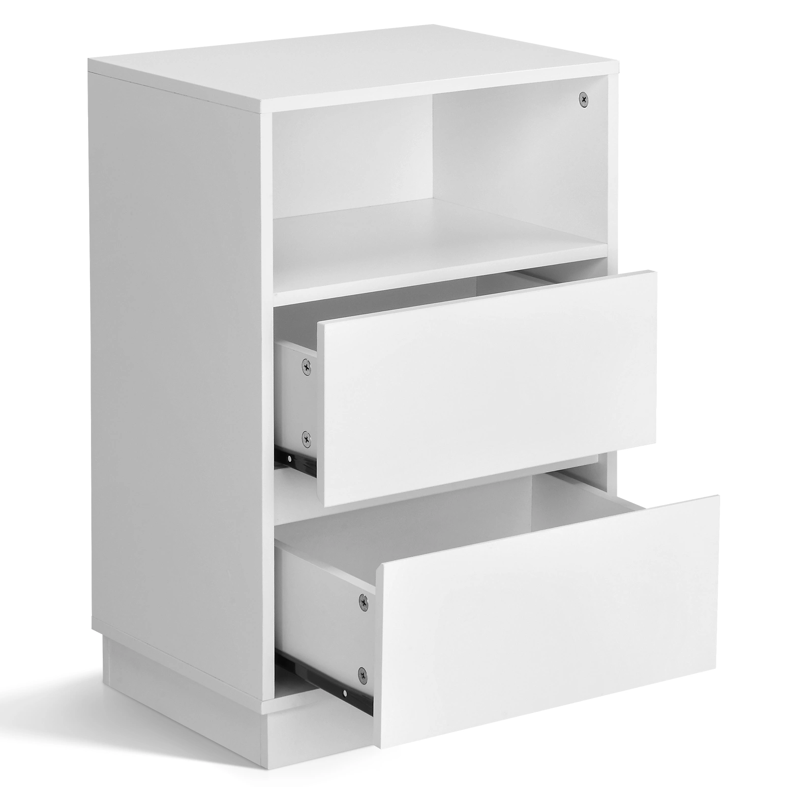 White P2 particleboard with melamine finish, drawer beveled edges, 40*30*60cm, two drawers with top shelf, 1 bedside table view 11
