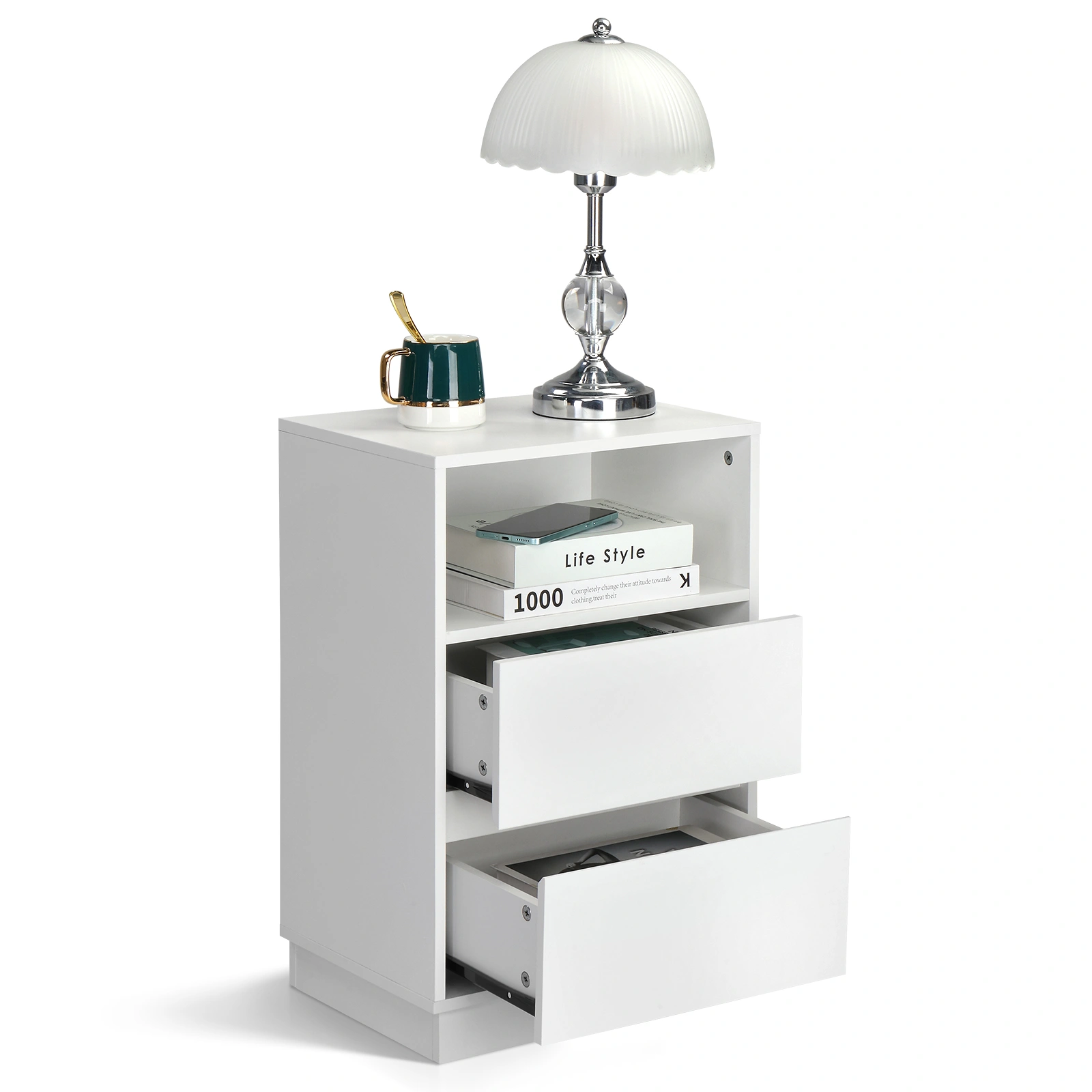 White P2 particleboard with melamine finish, drawer beveled edges, 40*30*60cm, two drawers with top shelf, 1 bedside table view 12