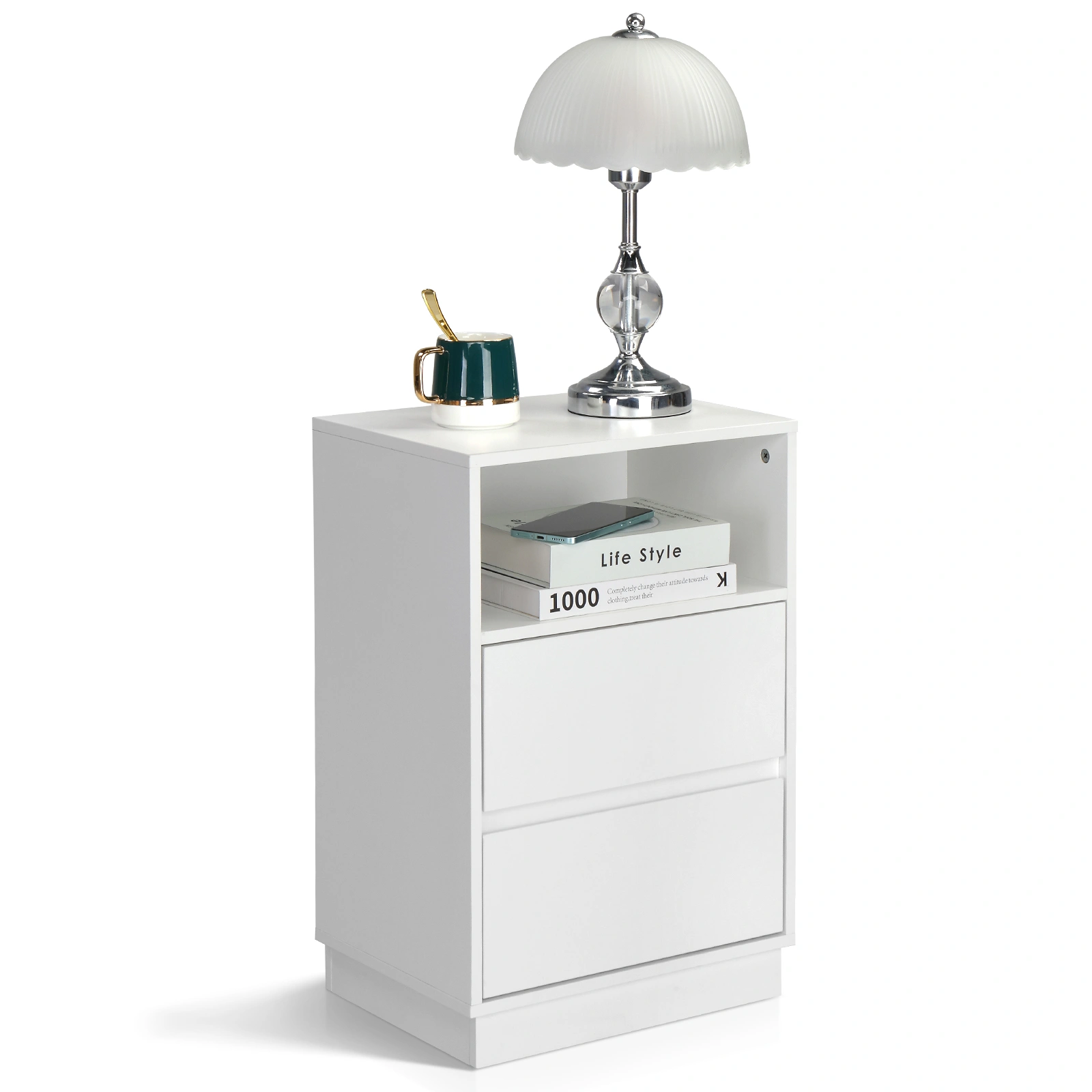 White P2 particleboard with melamine finish, drawer beveled edges, 40*30*60cm, two drawers with top shelf, 1 bedside table view 13