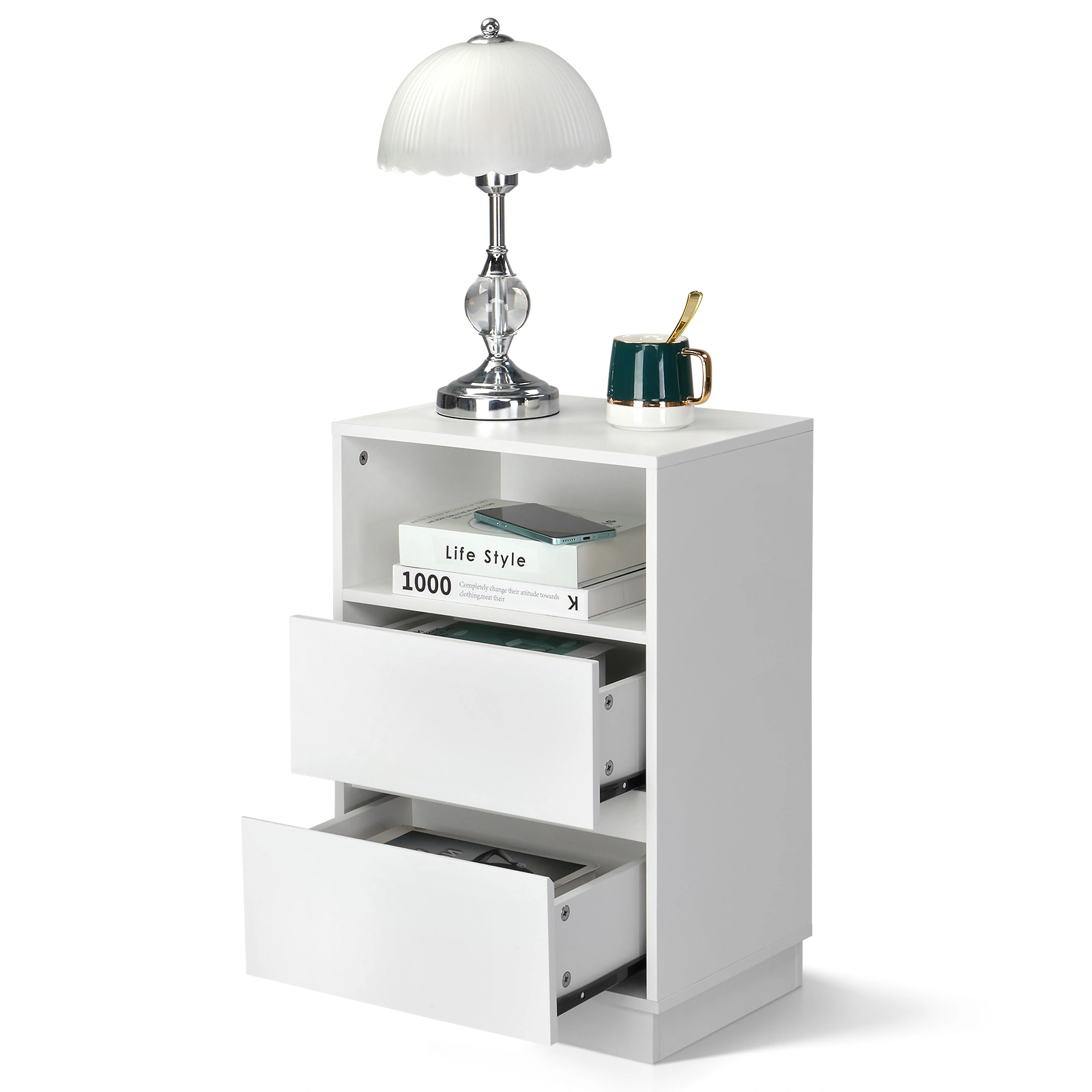 White P2 particleboard with melamine finish, drawer beveled edges, 40*30*60cm, two drawers with top shelf, 1 bedside table view 14