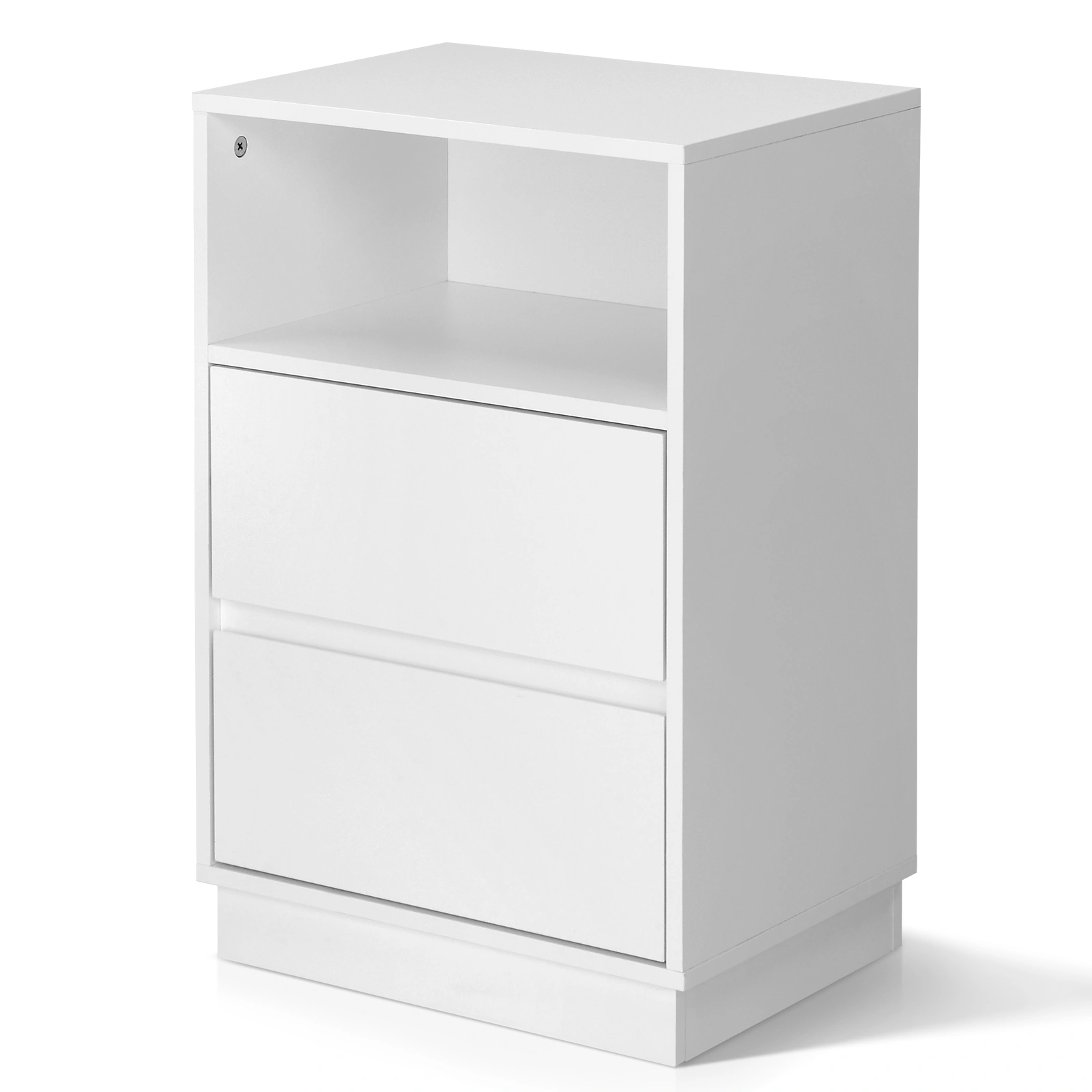 White P2 particleboard with melamine finish, drawer beveled edges, 40*30*60cm, two drawers with top shelf, 1 bedside table view 15