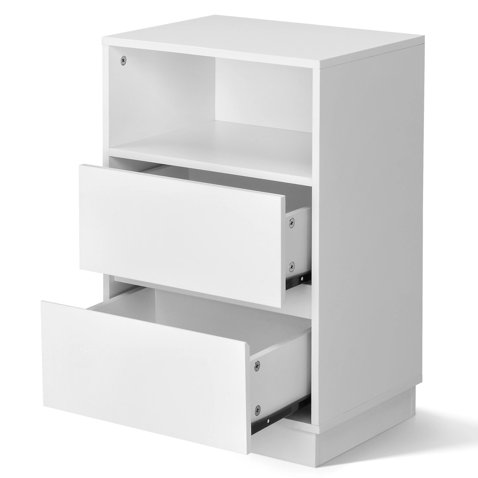 White P2 particleboard with melamine finish, drawer beveled edges, 40*30*60cm, two drawers with top shelf, 1 bedside table view 16