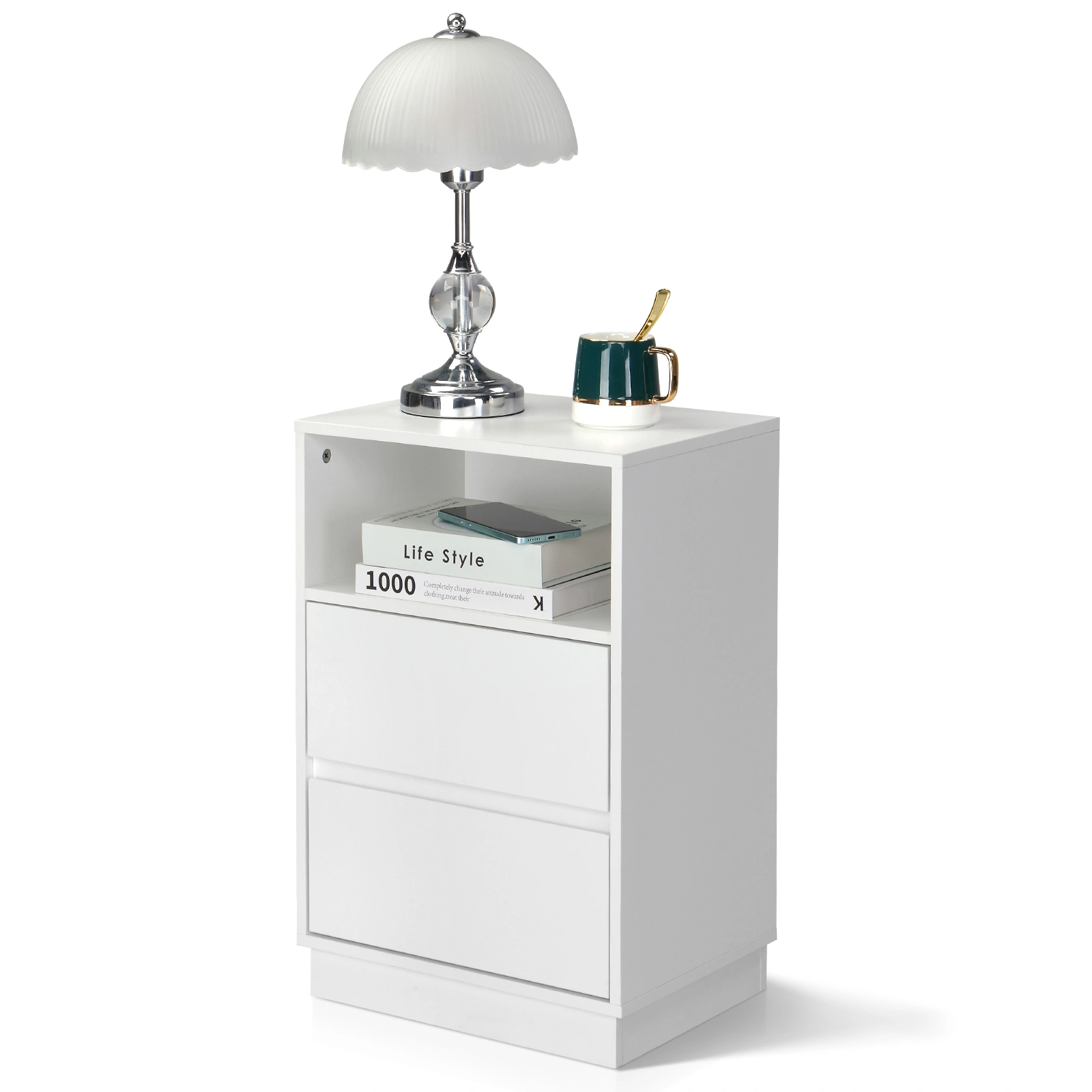 White P2 particleboard with melamine finish, drawer beveled edges, 40*30*60cm, two drawers with top shelf, 1 bedside table view 17