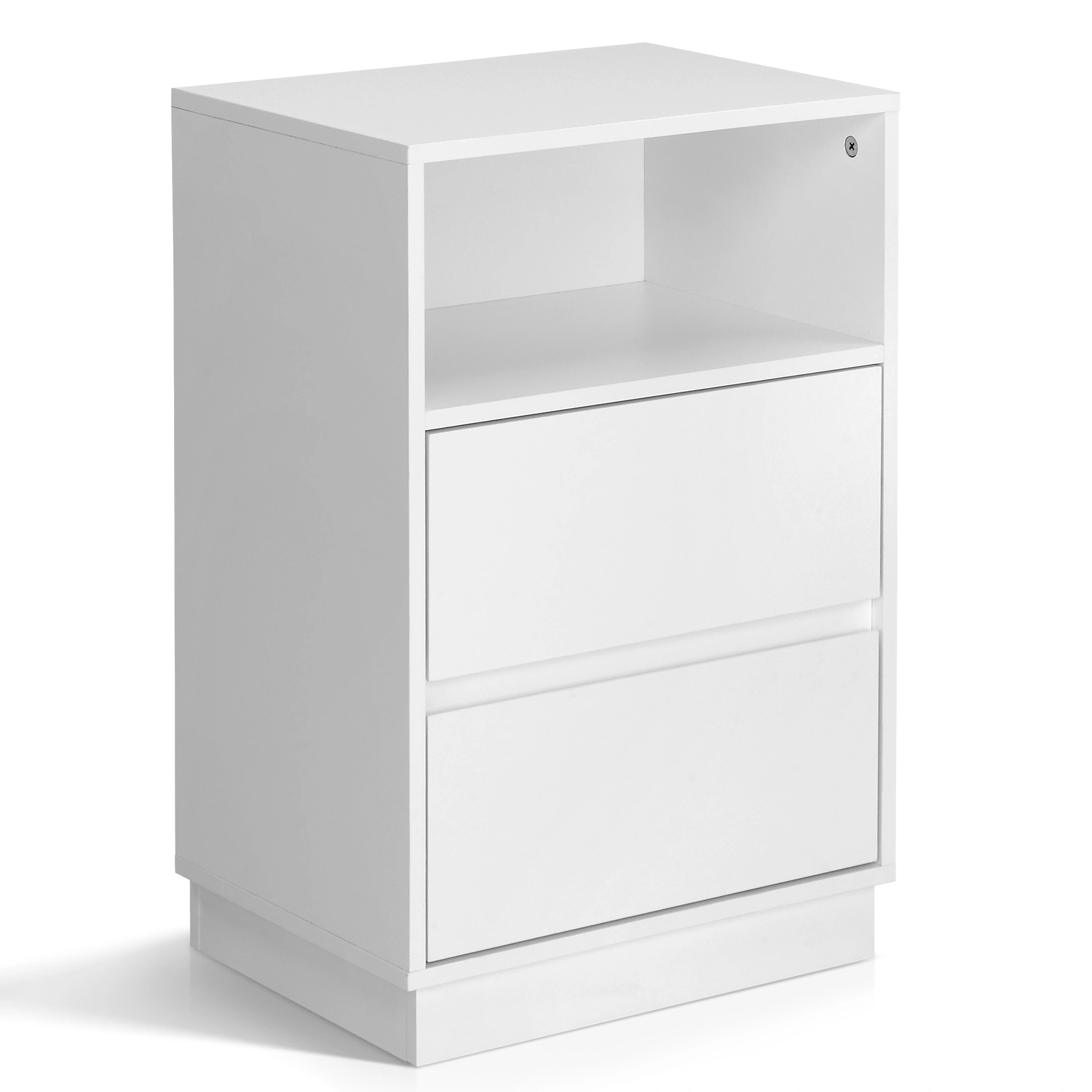 White P2 particleboard with melamine finish, drawer beveled edges, 40*30*60cm, two drawers with top shelf, 1 bedside table view 18