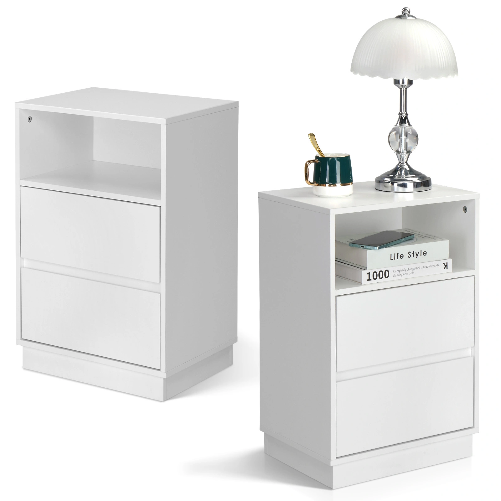 White P2 particleboard with melamine finish, drawer beveled edges, 40*30*60cm, two drawers with top shelf, 1 bedside table view 2