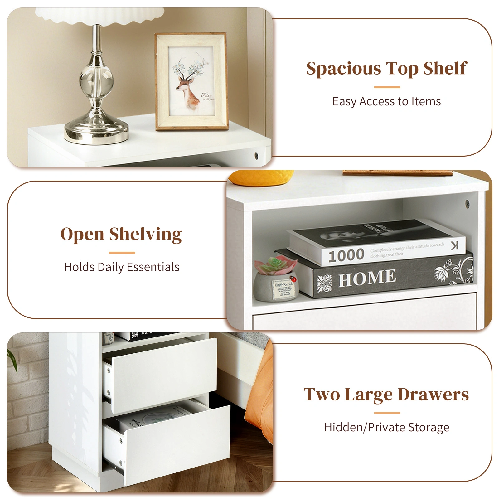 White P2 particleboard with melamine finish, drawer beveled edges, 40*30*60cm, two drawers with top shelf, 1 bedside table view 4
