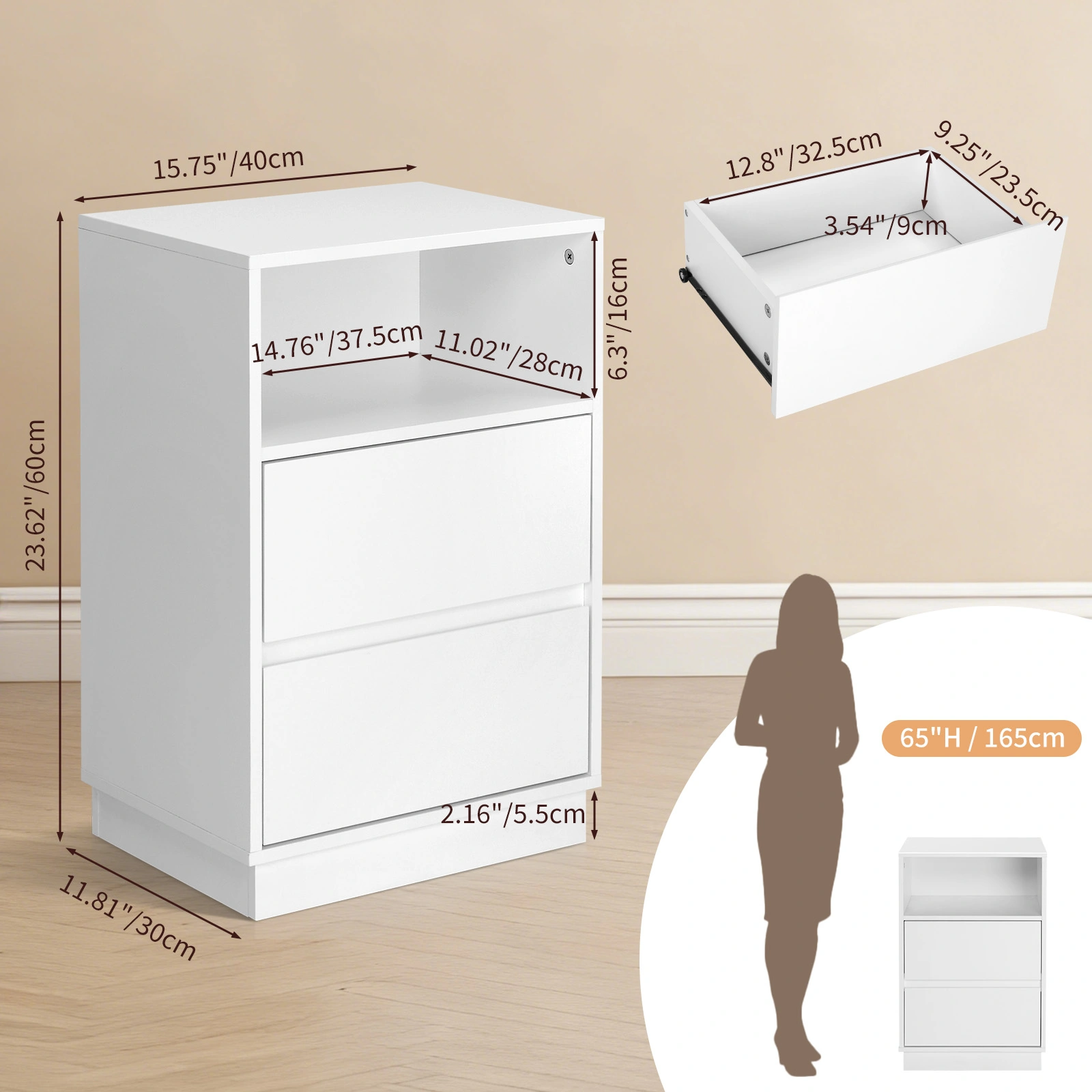 White P2 particleboard with melamine finish, drawer beveled edges, 40*30*60cm, two drawers with top shelf, 1 bedside table view 5