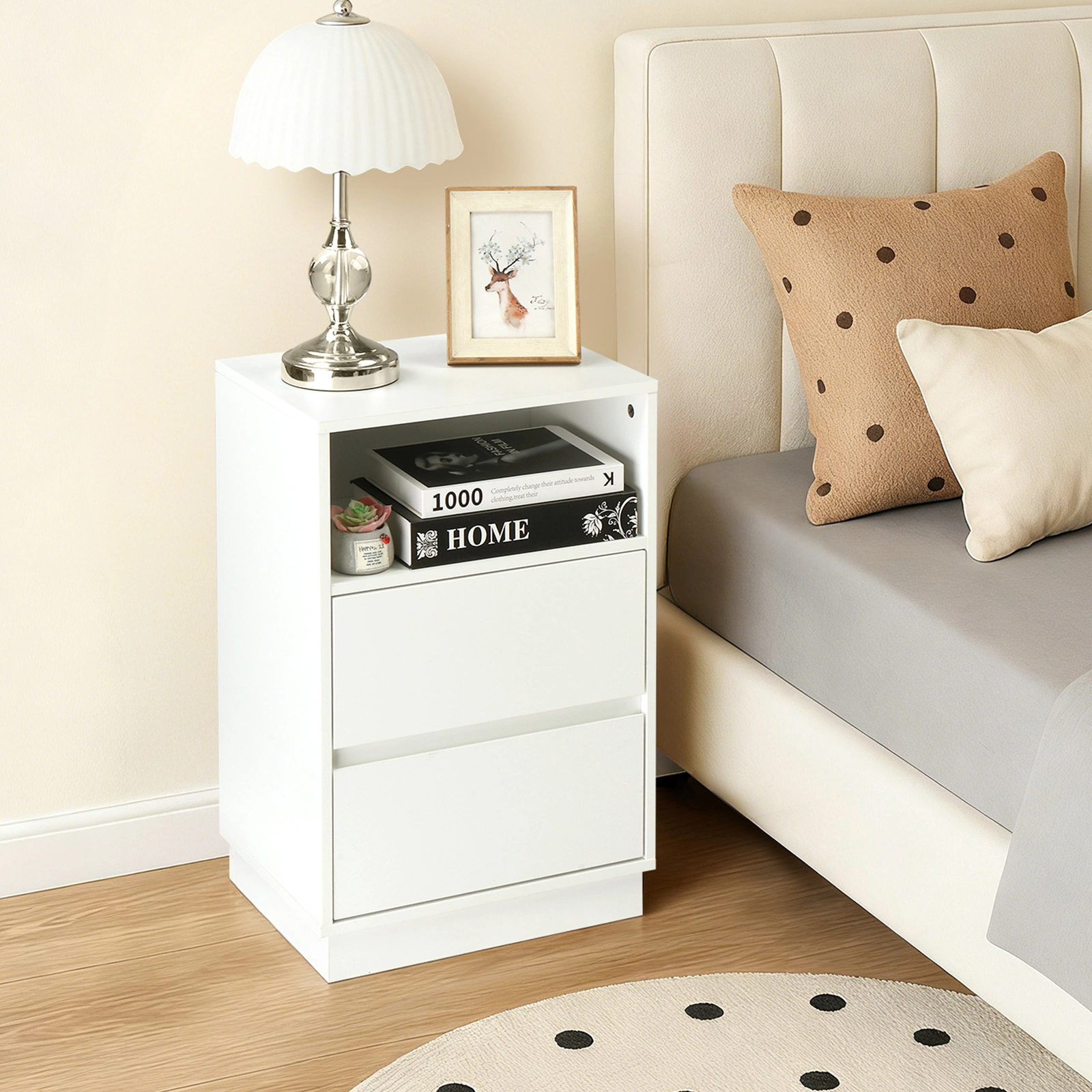 White P2 particleboard with melamine finish, drawer beveled edges, 40*30*60cm, two drawers with top shelf, 1 bedside table view 6