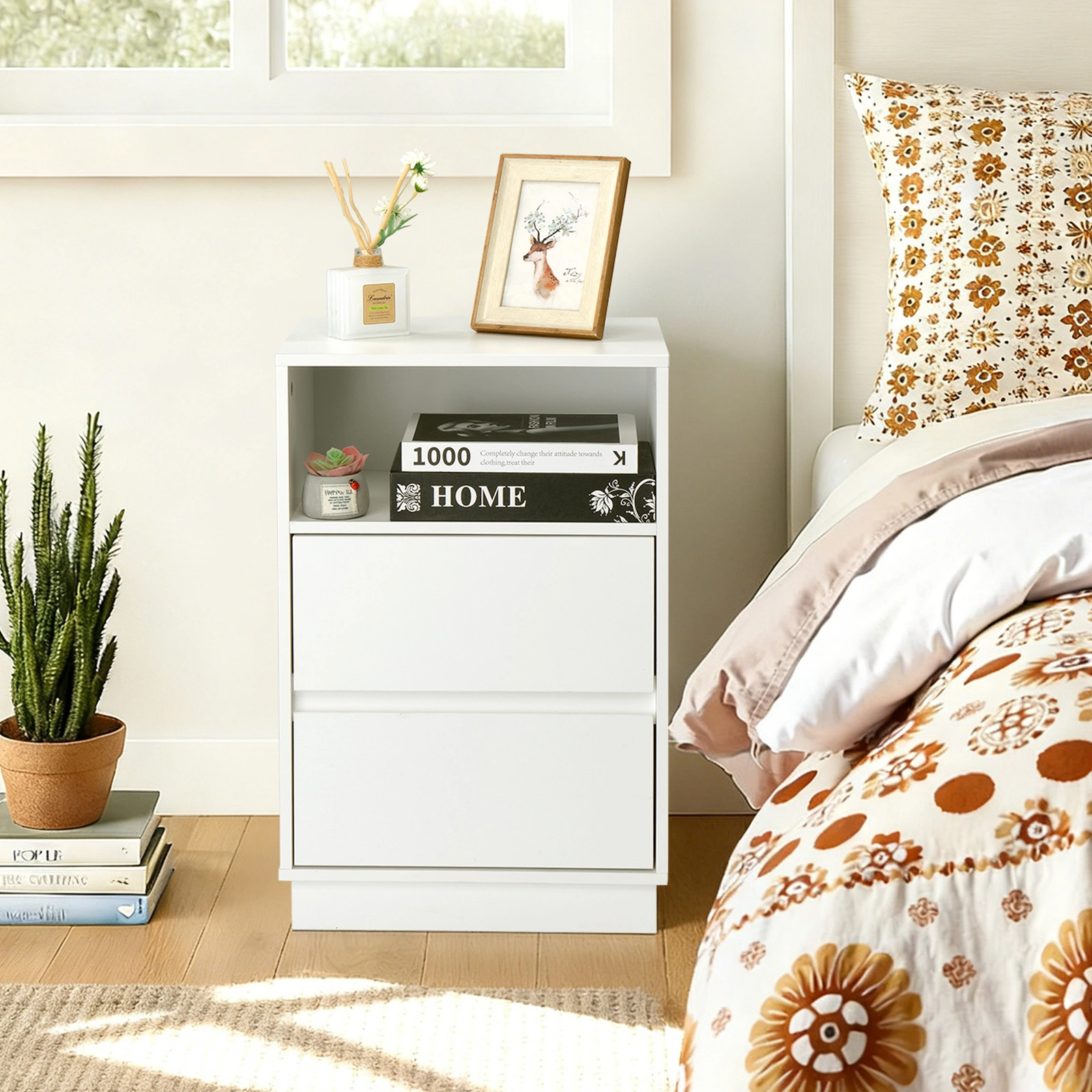 White P2 particleboard with melamine finish, drawer beveled edges, 40*30*60cm, two drawers with top shelf, 1 bedside table view 7