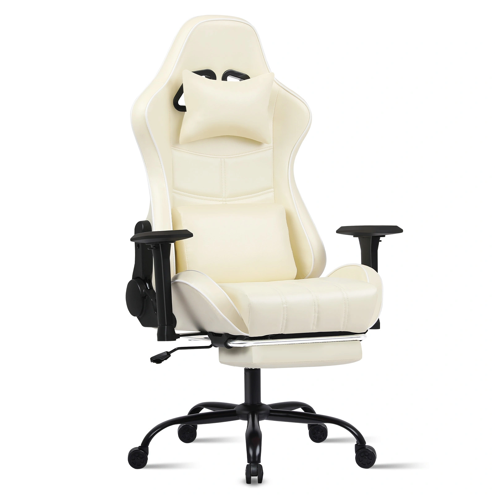 Ergonomic Gaming Chair for Adults, Heavy Duty Office Chair with Footrest & Lumbar Support, 360 Swivel PU Leather Desk Chair, Beige