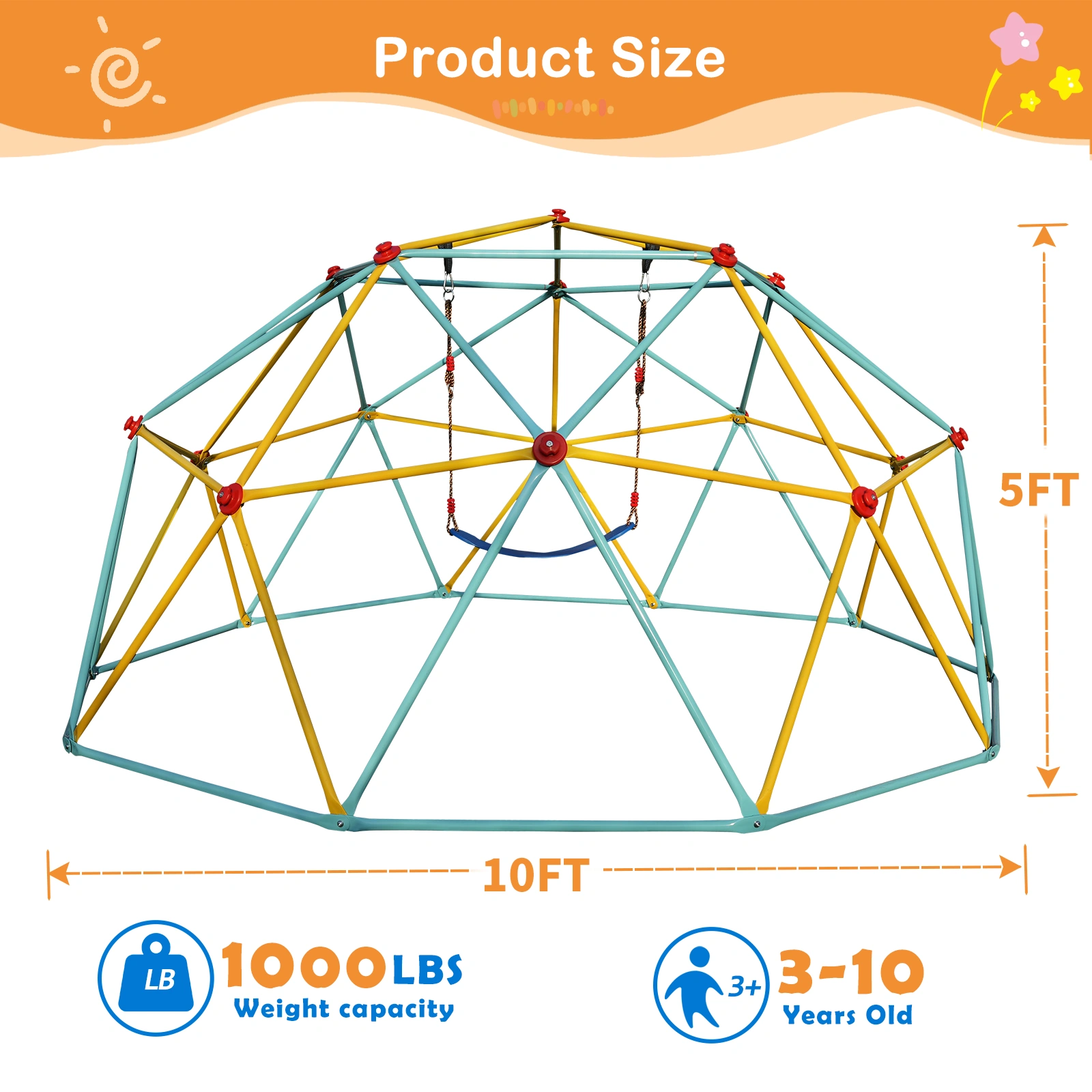 10FT Climbing Dome for Kids Jungle Gym Apply To Park Dome Climber With Swing Playground Equipment,Blue view 5