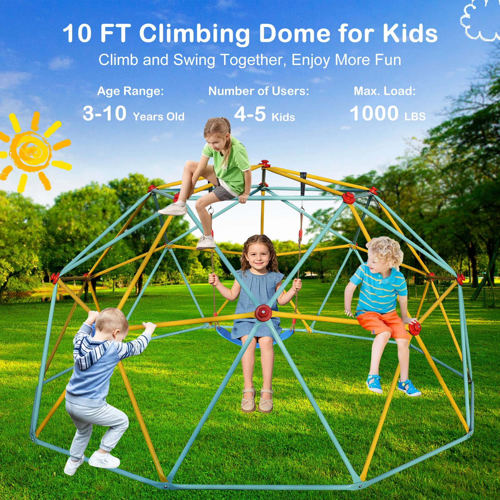 10FT Climbing Dome for Kids Jungle Gym Apply To Park Dome Climber With Swing Playground Equipment,Blue view 7
