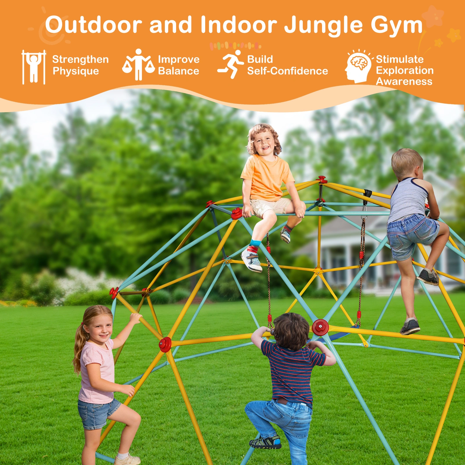 10FT Climbing Dome for Kids Jungle Gym Apply To Park Dome Climber With Swing Playground Equipment,Blue view 8