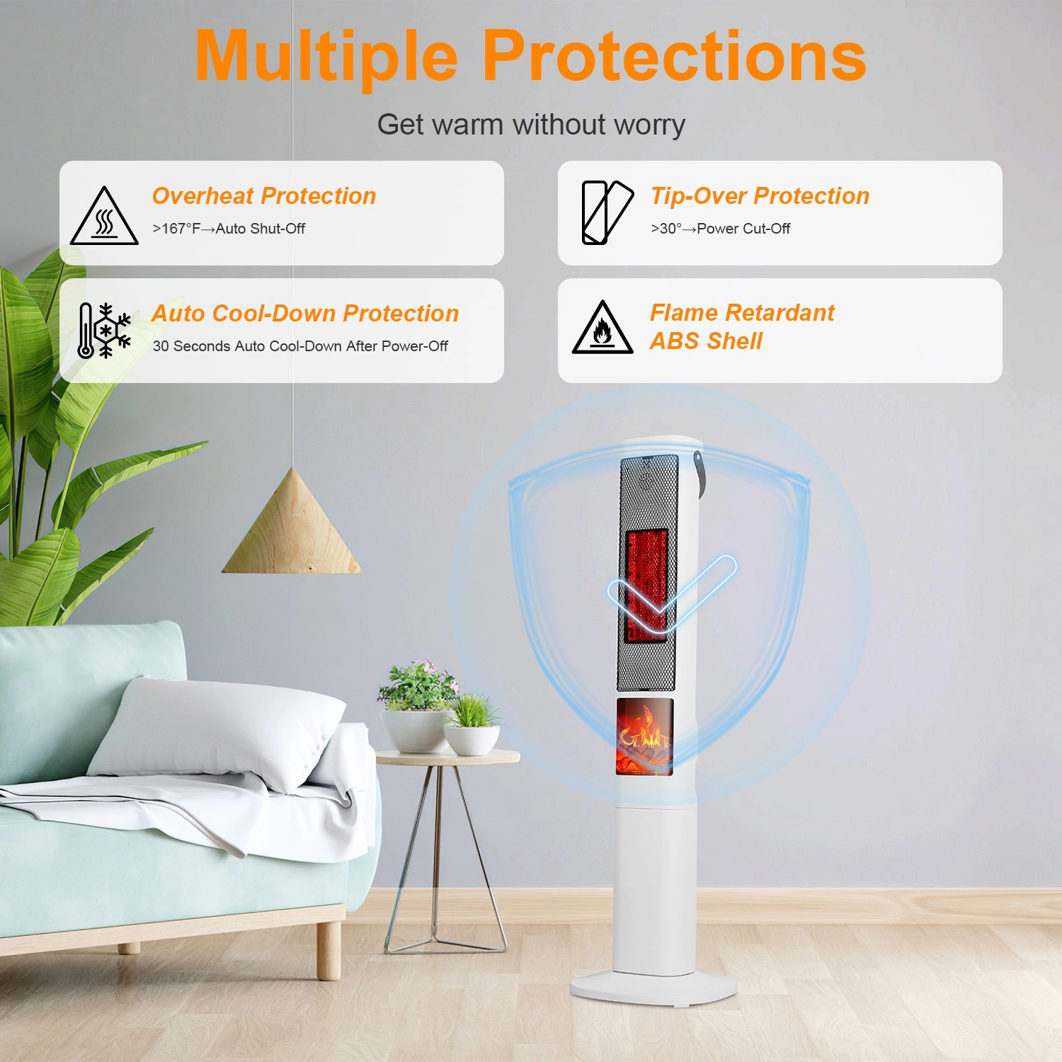 Oscillating Space Heater with 3D Flame Effect, 120° Wide Angle, 30% Faster Heat, 5 Timer, Remote Control, Tip-Over Safety view 10