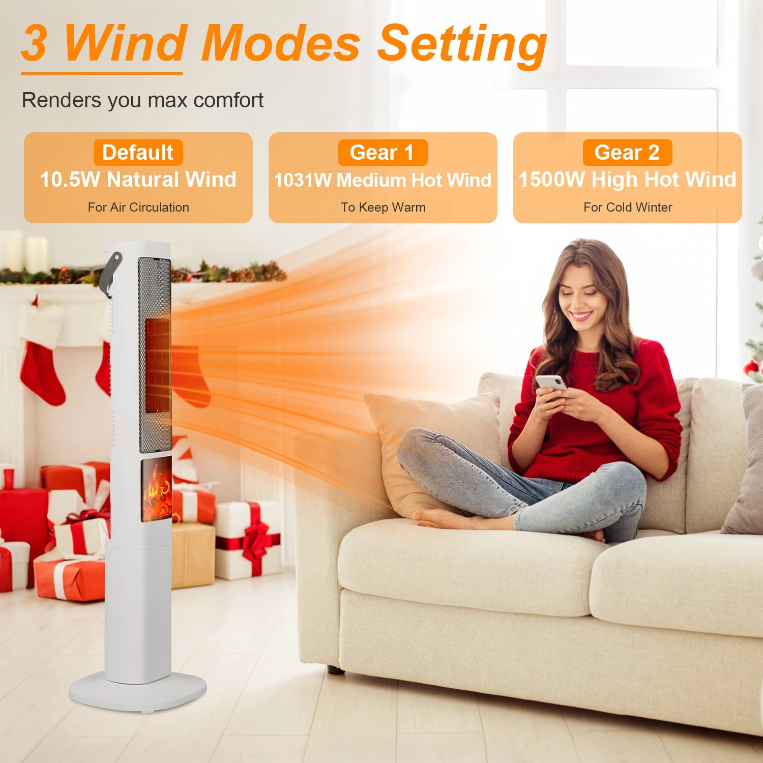 Oscillating Space Heater with 3D Flame Effect, 120° Wide Angle, 30% Faster Heat, 5 Timer, Remote Control, Tip-Over Safety view 9