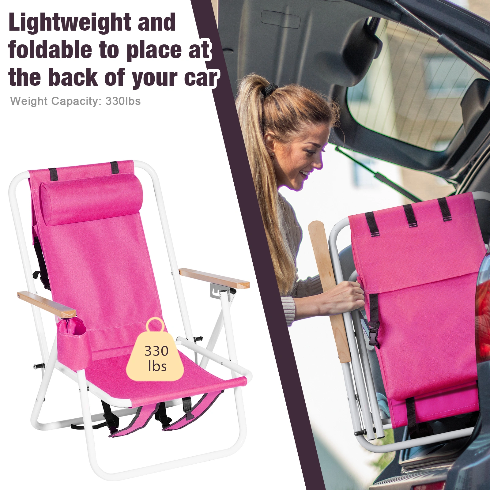 1 PC Barbie Pink Folding Beach Chair, 7.9 Inch Seat Height, 17.7 Inch Wide, 17.3 Inch Deep, Steel Tube Frame with Oxford Fabric, 120kg Load Capacity view 8