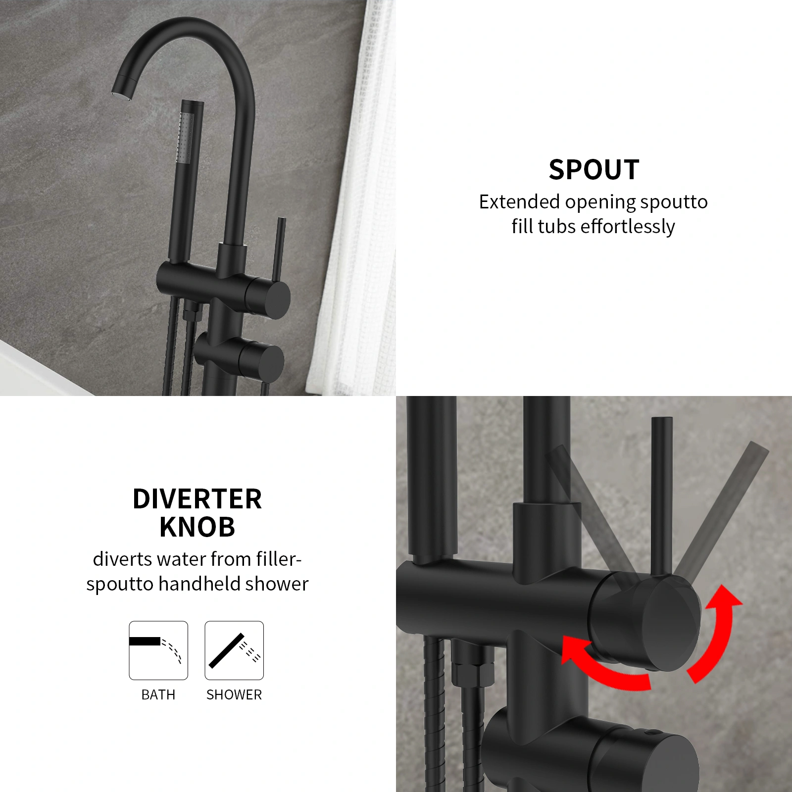 Floor Mount Bathtub Faucet Freestanding Tub Filler Matte Black Standing High Flow Shower Faucets with Handheld Shower Mixer Taps Swivel Spout[Unable ship on weekends, TK/TEMU only for pickup, only TX10643 warehouse supports GOFO]auti view 3