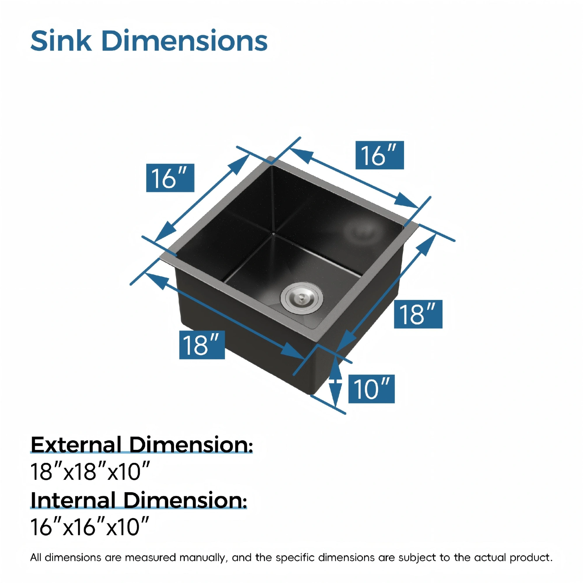 Stainless Steel Kitchen Sink, 18″x18″ Single Bowl, Undermount HandmadeSink in Black, with US Standard Drain and Hook[Unable ship on weekends, TK/TEMU only for pickup, only TX10643 warehouse supports GOFO] view 5