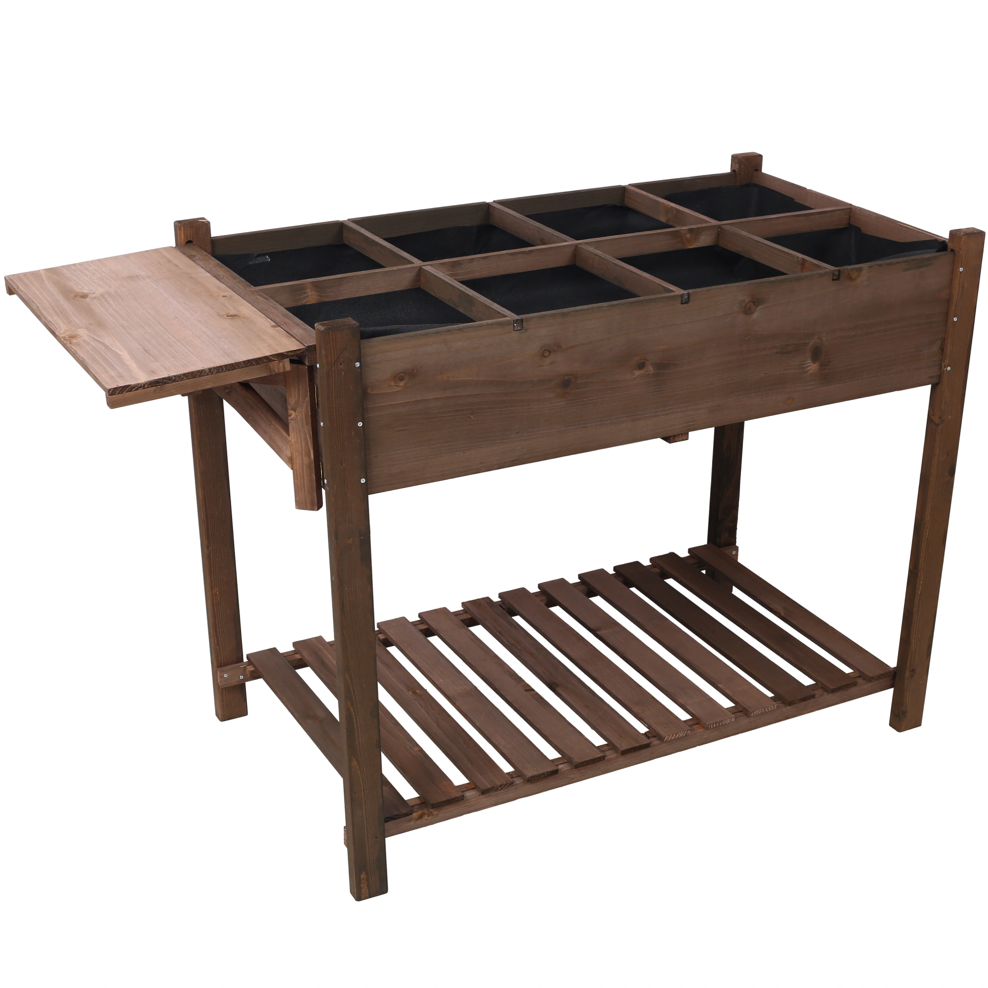 8 Pockets Raised Garden Bed Elevated Wood Planter Box with Foldable Side Table & Storage Shelf, Dark Brown for Herbs Vegetables Flowers