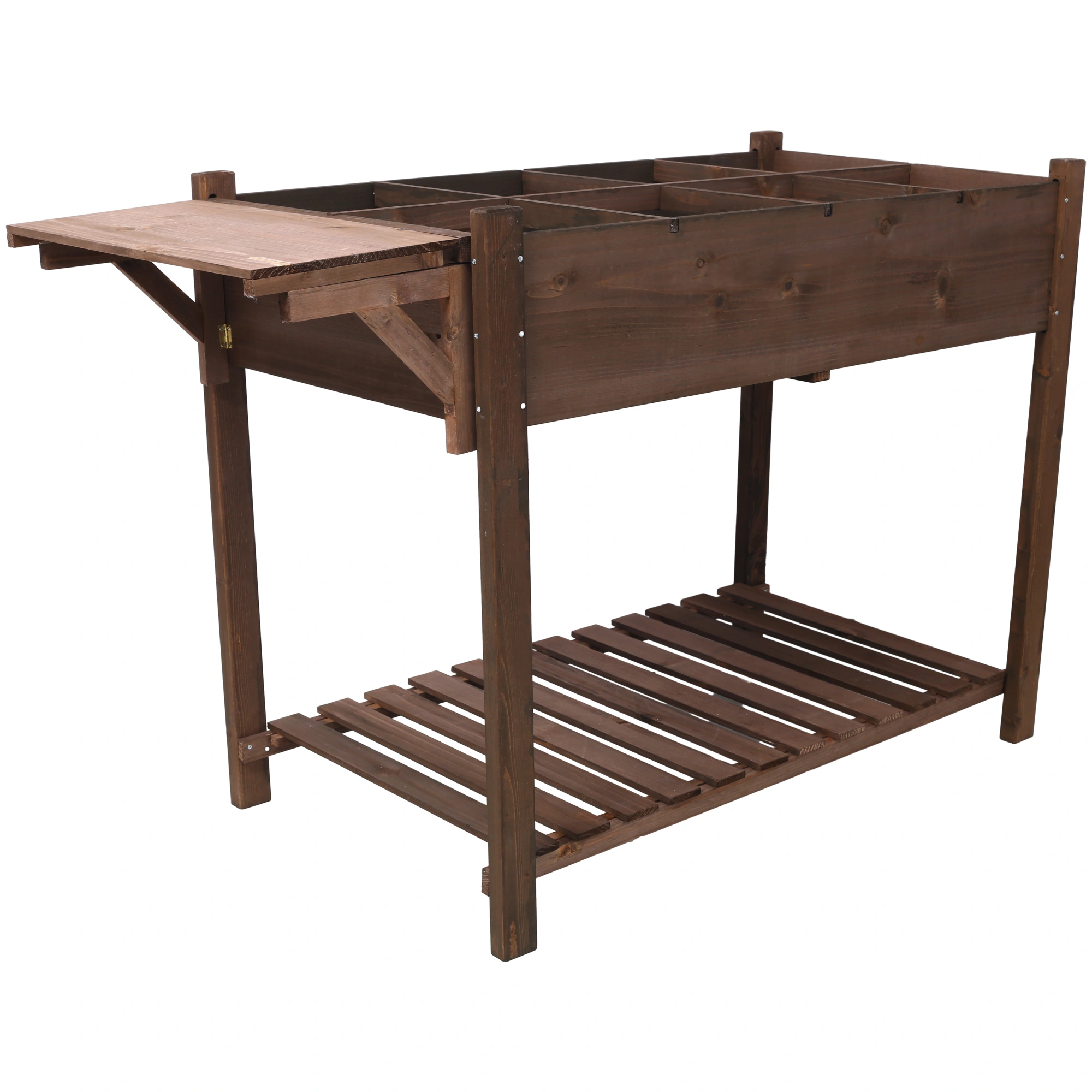 8 Pockets Raised Garden Bed Elevated Wood Planter Box with Foldable Side Table & Storage Shelf, Dark Brown for Herbs Vegetables Flowers view 2