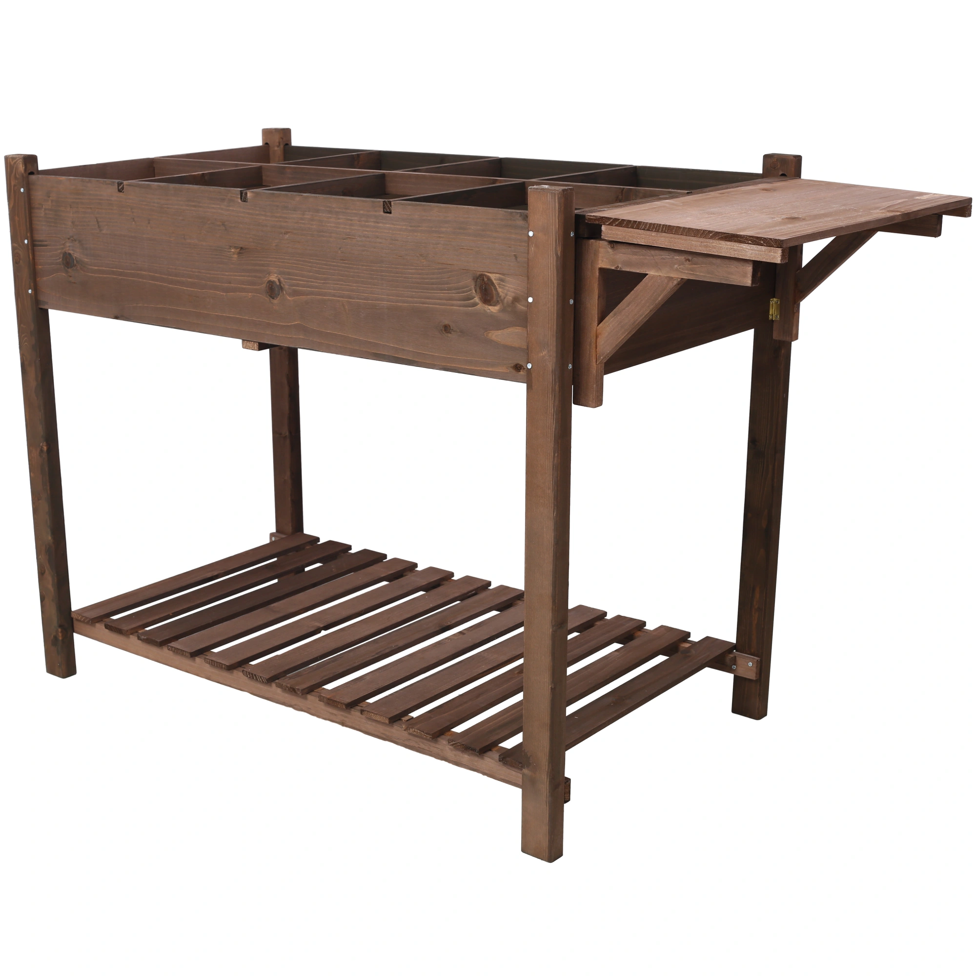 8 Pockets Raised Garden Bed Elevated Wood Planter Box with Foldable Side Table & Storage Shelf, Dark Brown for Herbs Vegetables Flowers view 7