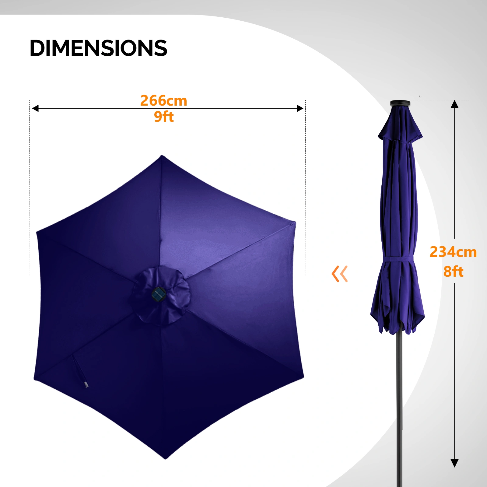 9ft Solar LED Patio Umbrella with Push Button Tilt & Crank, 6 Ribs Waterproof Polyester Outdoor Market Table Umbrella for Garden Backyard Pool, Navy Blue view 2