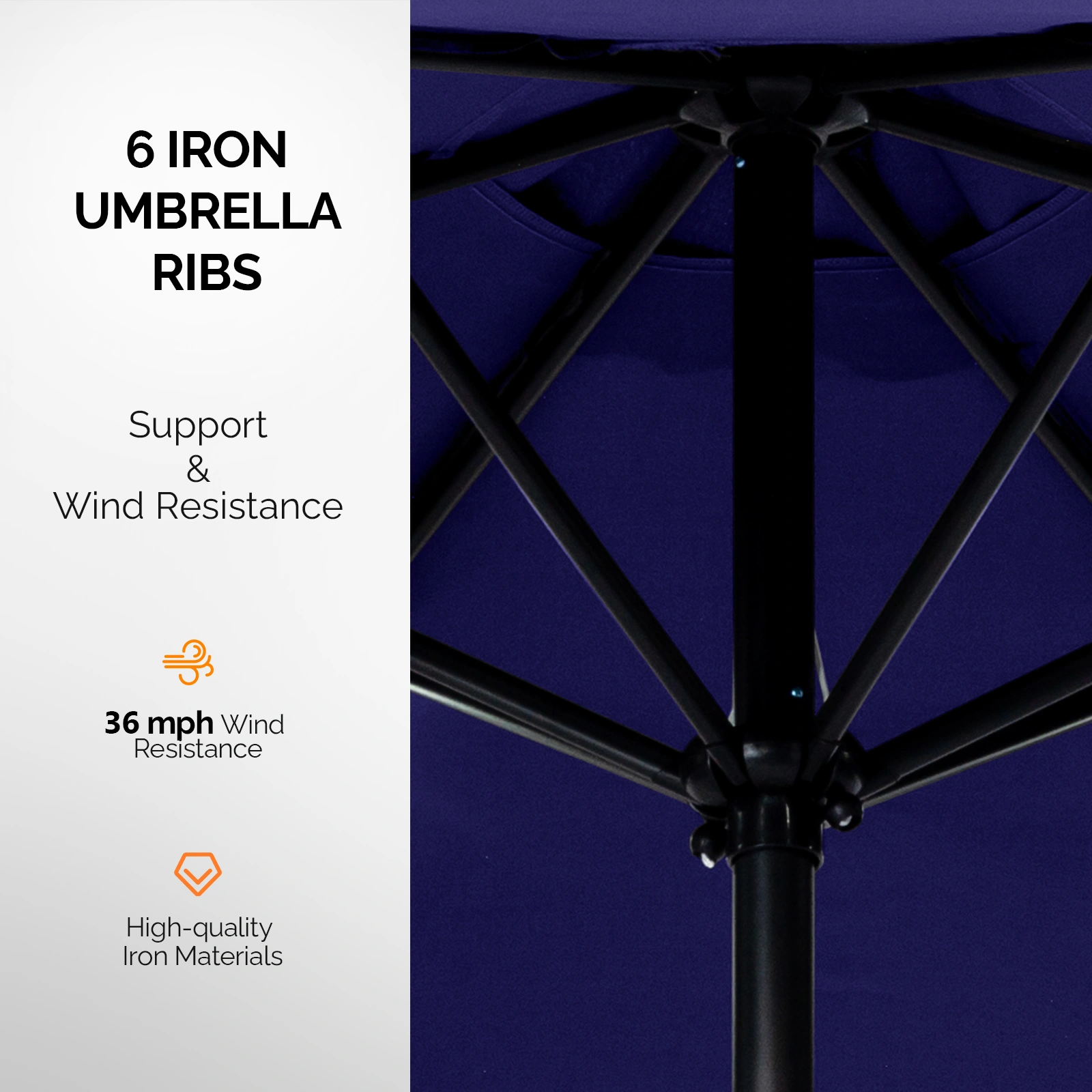 9ft Solar LED Patio Umbrella with Push Button Tilt & Crank, 6 Ribs Waterproof Polyester Outdoor Market Table Umbrella for Garden Backyard Pool, Navy Blue view 3