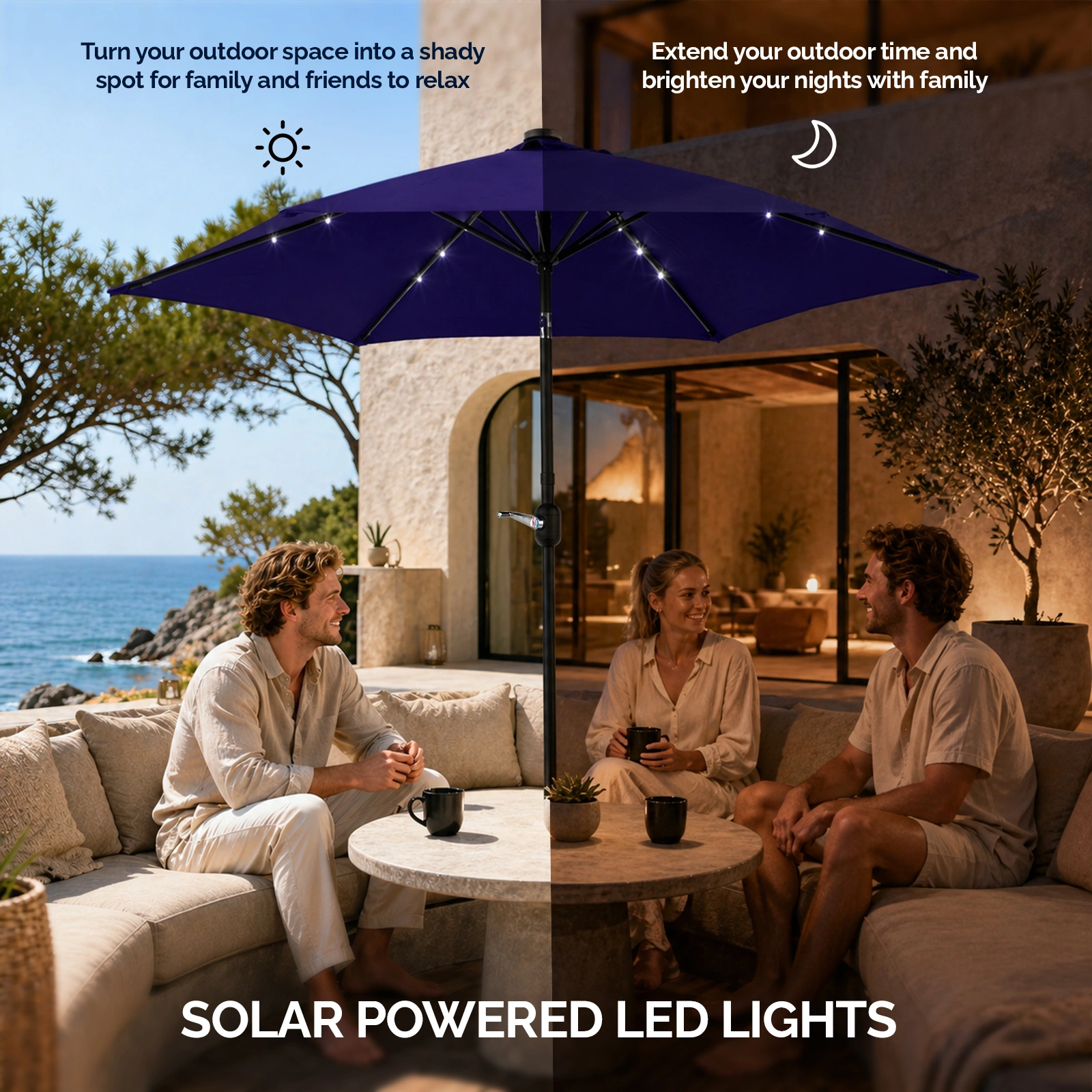9ft Solar LED Patio Umbrella with Push Button Tilt & Crank, 6 Ribs Waterproof Polyester Outdoor Market Table Umbrella for Garden Backyard Pool, Navy Blue view 7