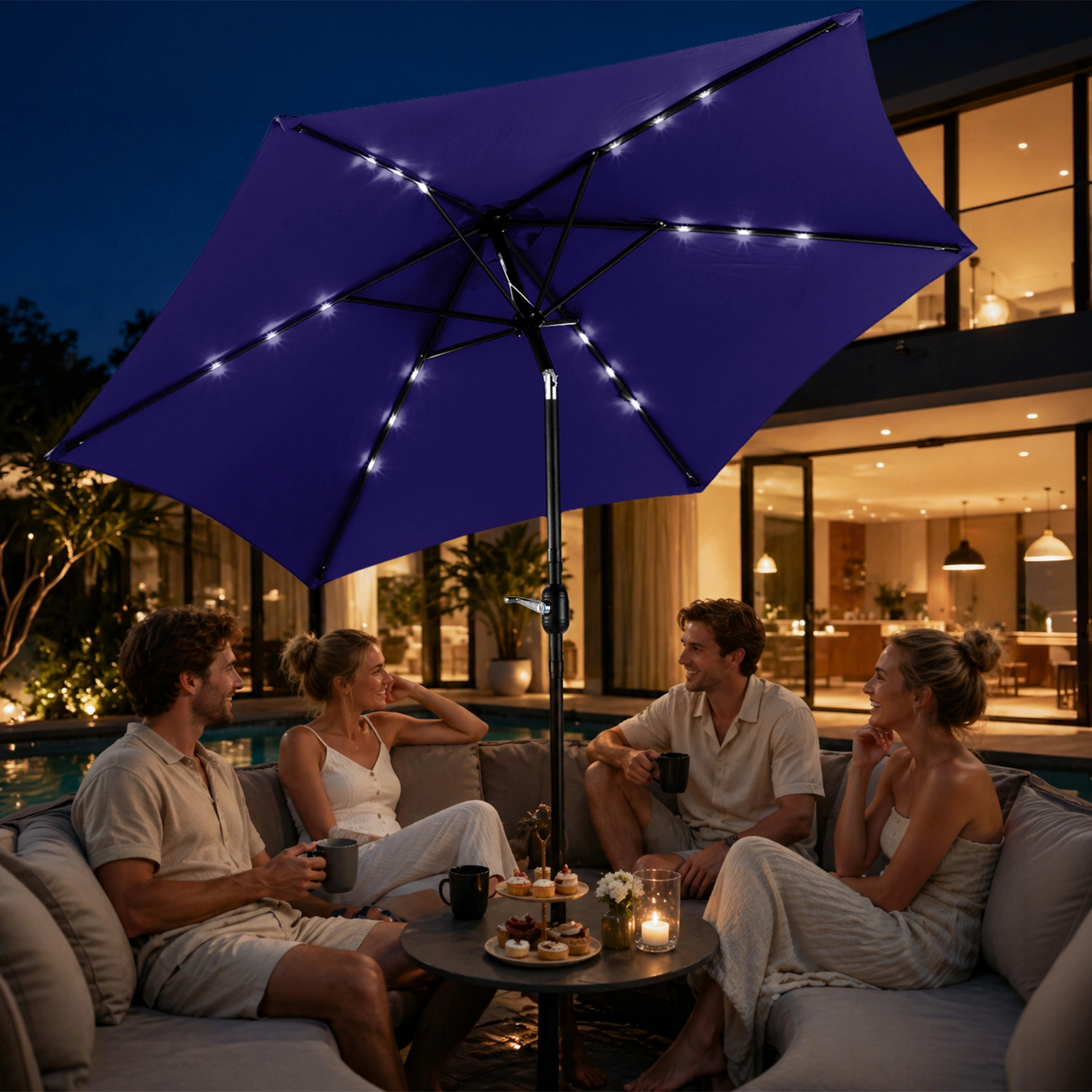 9ft Solar LED Patio Umbrella with Push Button Tilt & Crank, 6 Ribs Waterproof Polyester Outdoor Market Table Umbrella for Garden Backyard Pool, Navy Blue view 8
