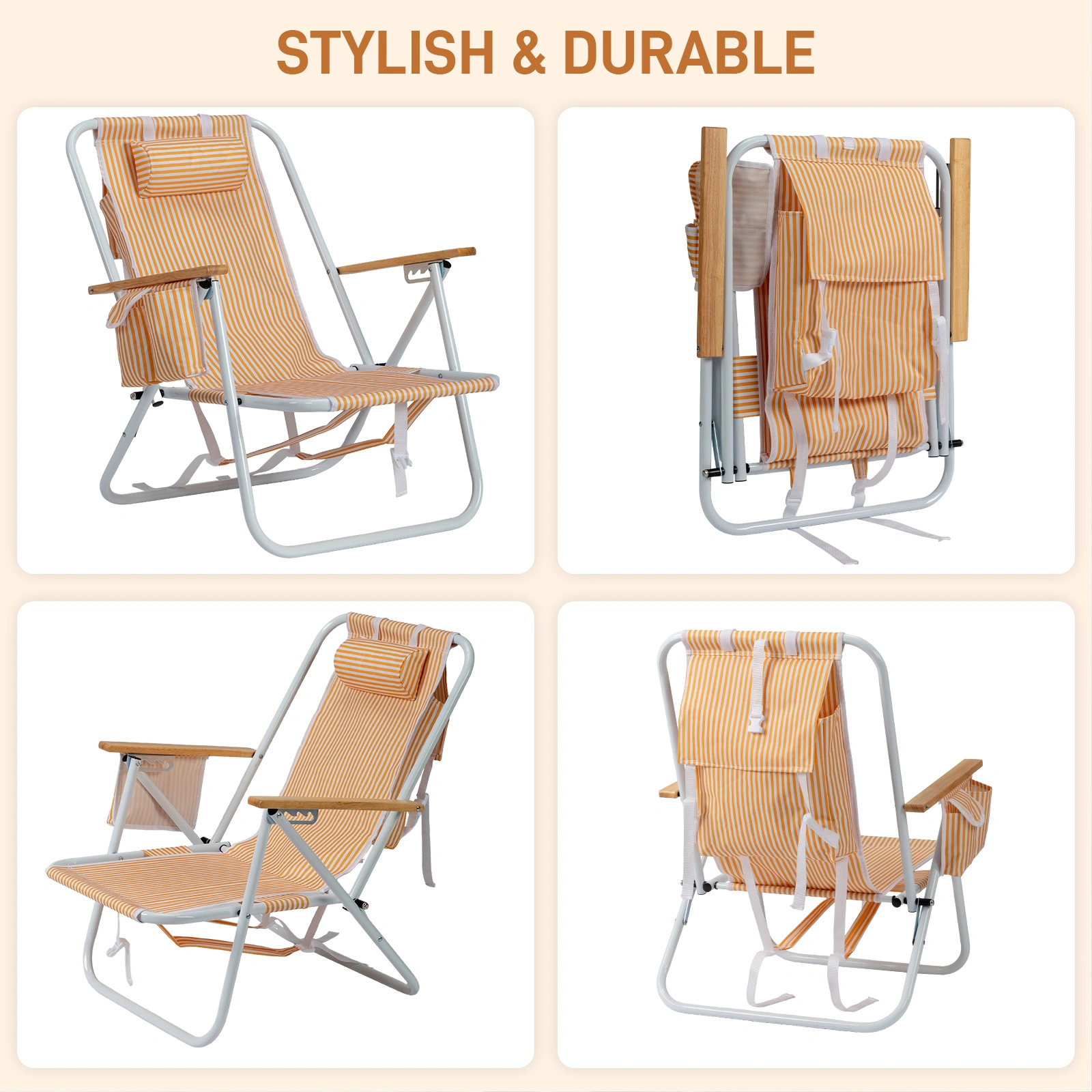 4-Position Adjustable Backpack Beach Chair, Foldable Rustproof Aluminum Frame Lounge Chair with Wooden Armrest, Side Storage Pockets & Detachable Pillow, 24"×22"×37" Outdoor Patio Camping Lawn Chair Holds up to 265 LBS, Orange White Vertical Stripe view 5