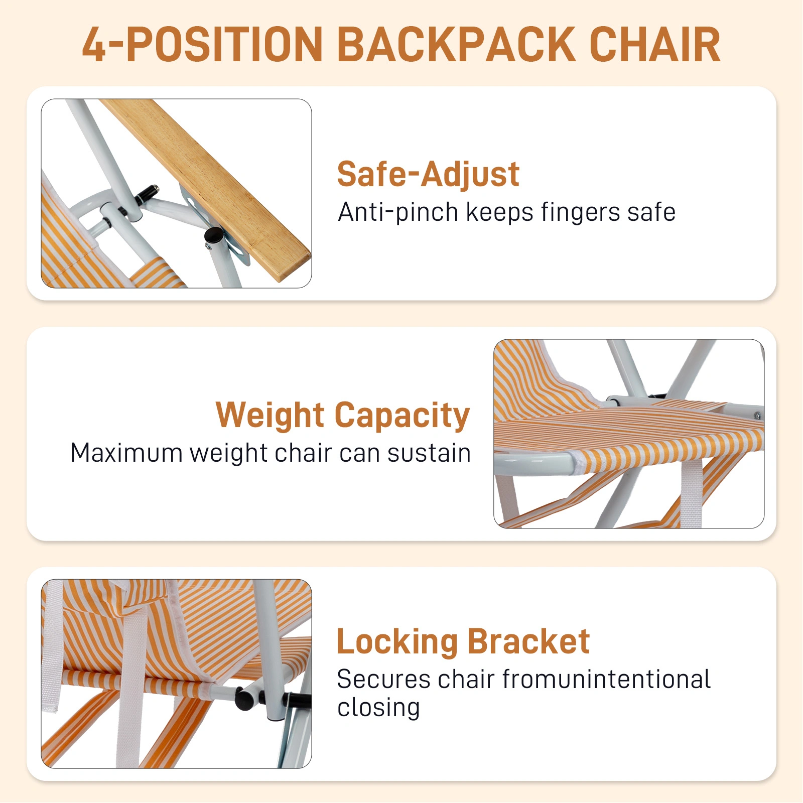 4-Position Adjustable Backpack Beach Chair, Foldable Rustproof Aluminum Frame Lounge Chair with Wooden Armrest, Side Storage Pockets & Detachable Pillow, 24"×22"×37" Outdoor Patio Camping Lawn Chair Holds up to 265 LBS, Orange White Vertical Stripe view 7