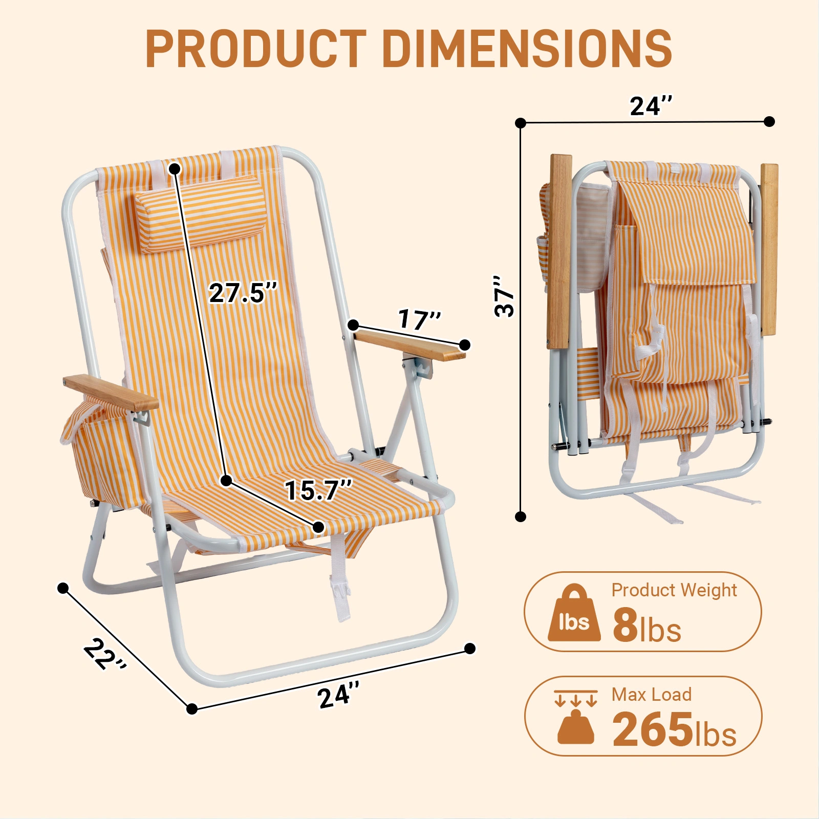4-Position Adjustable Backpack Beach Chair, Foldable Rustproof Aluminum Frame Lounge Chair with Wooden Armrest, Side Storage Pockets & Detachable Pillow, 24"×22"×37" Outdoor Patio Camping Lawn Chair Holds up to 265 LBS, Orange White Vertical Stripe view 8