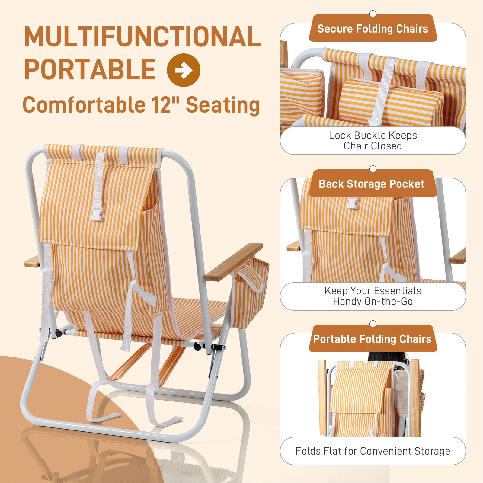 4-Position Adjustable Backpack Beach Chair, Foldable Rustproof Aluminum Frame Lounge Chair with Wooden Armrest, Side Storage Pockets & Detachable Pillow, 24"×22"×37" Outdoor Patio Camping Lawn Chair Holds up to 265 LBS, Orange White Vertical Stripe view 9