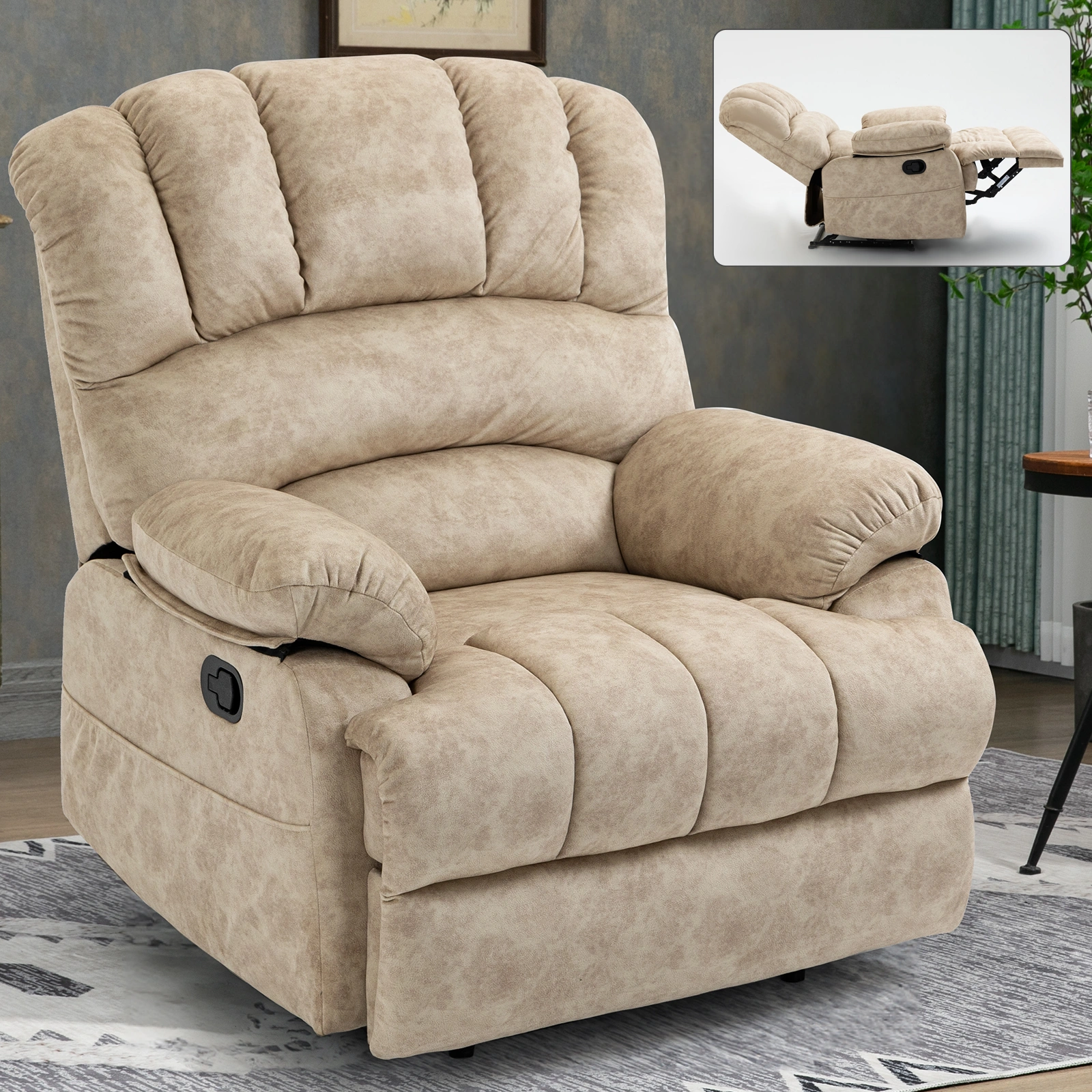Large Fabric Manual Recliner Chair for Living Room, Beige - Extra Wide Soft Upholstered Recliner