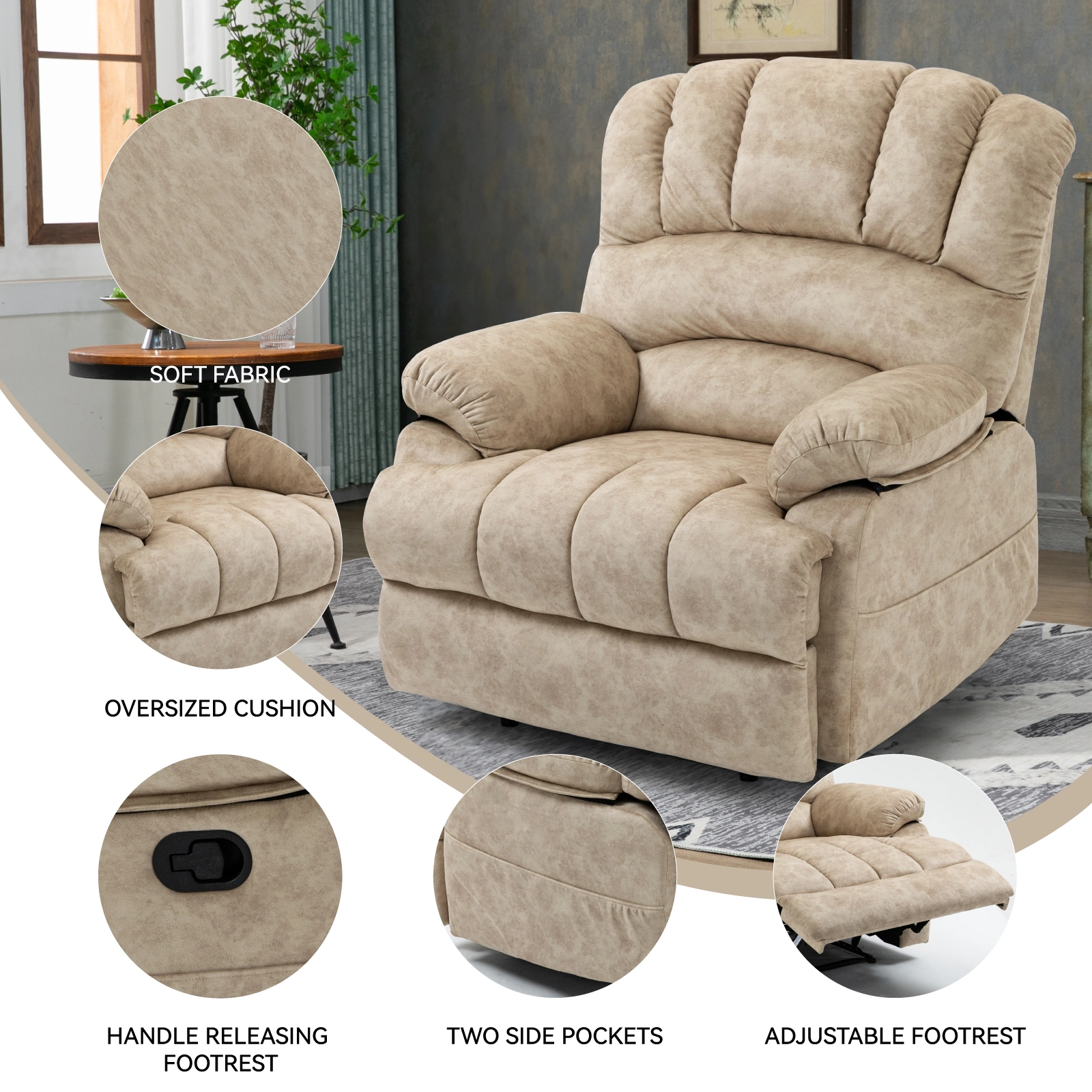 Large Fabric Manual Recliner Chair for Living Room, Beige - Extra Wide Soft Upholstered Recliner view 10