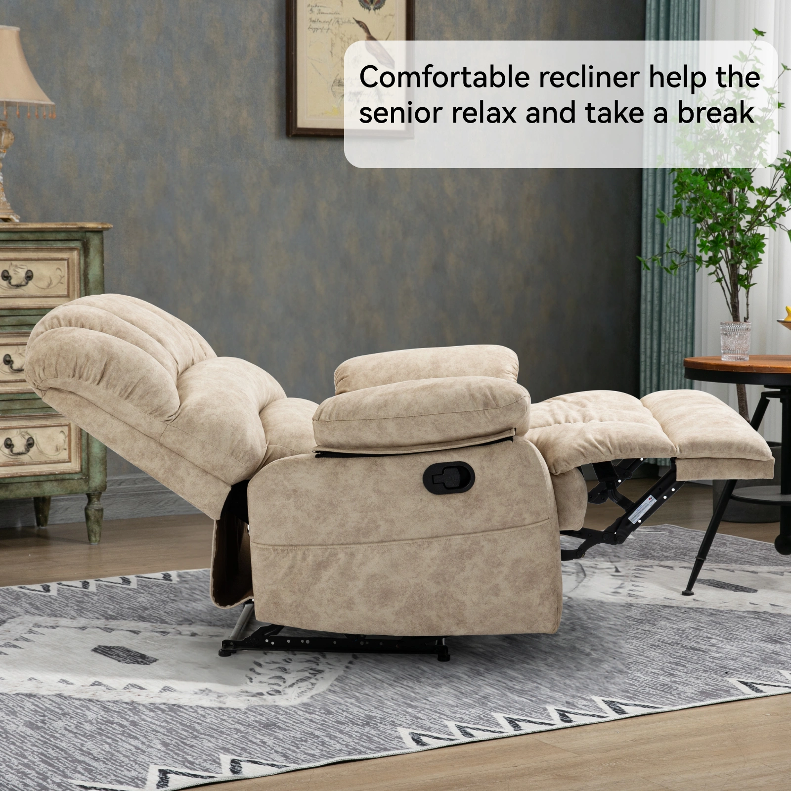 Large Fabric Manual Recliner Chair for Living Room, Beige - Extra Wide Soft Upholstered Recliner view 12