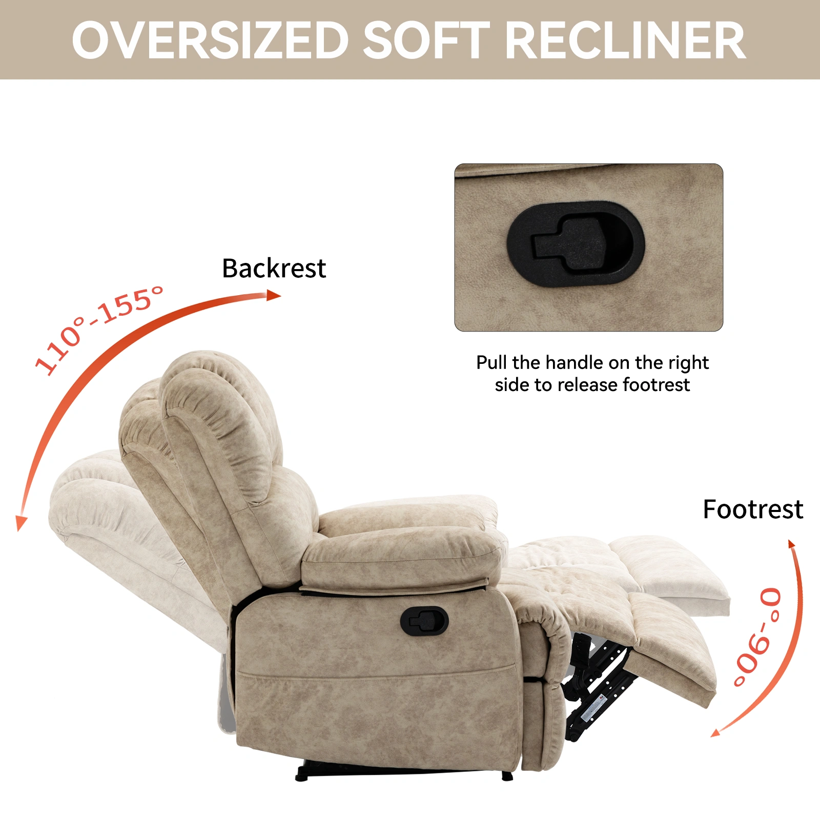 Large Fabric Manual Recliner Chair for Living Room, Beige - Extra Wide Soft Upholstered Recliner view 13