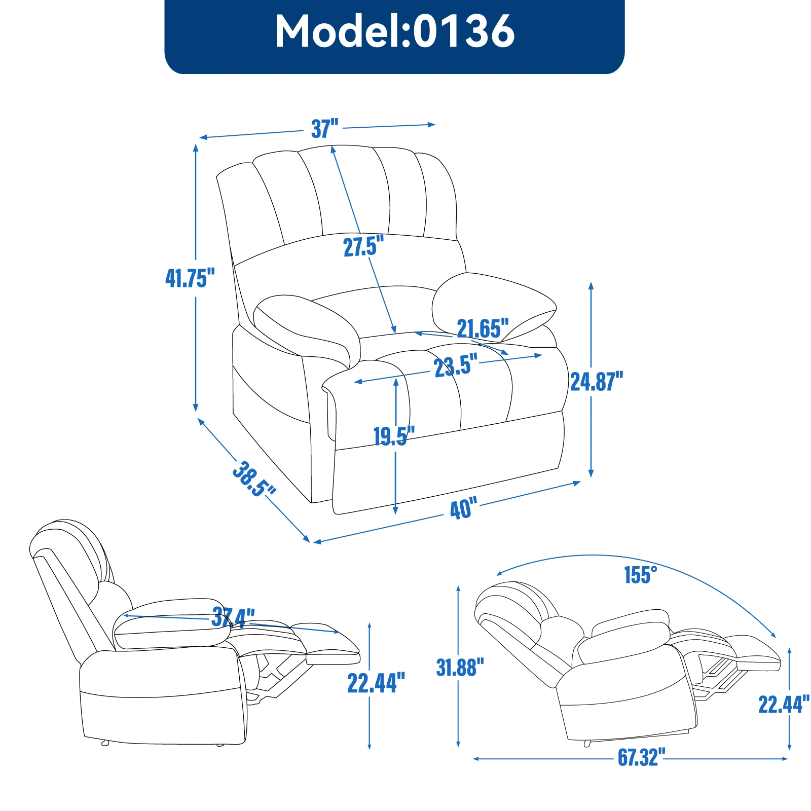 Large Fabric Manual Recliner Chair for Living Room, Beige - Extra Wide Soft Upholstered Recliner view 3
