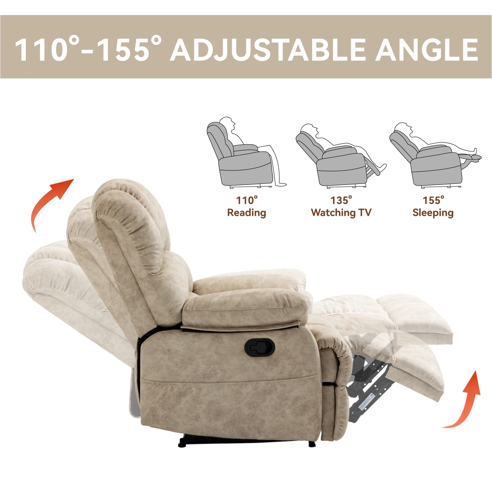 Large Fabric Manual Recliner Chair for Living Room, Beige - Extra Wide Soft Upholstered Recliner view 5