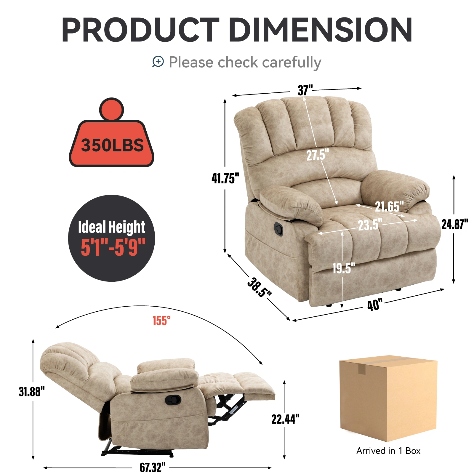 Large Fabric Manual Recliner Chair for Living Room, Beige - Extra Wide Soft Upholstered Recliner view 9